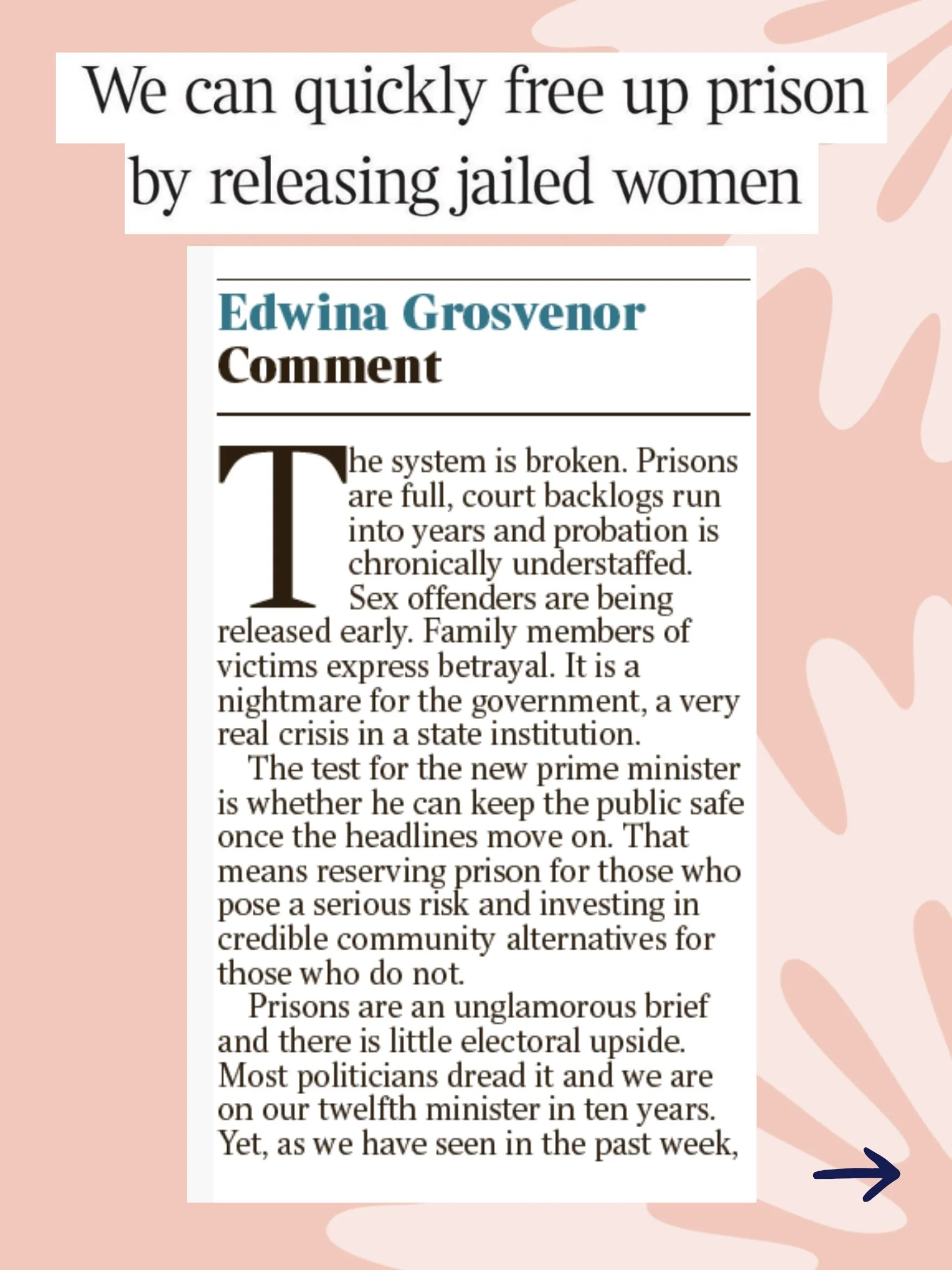 👀 Did you see this article in The Times by our Chair and Founder, Edwina Grosvenor?

With prison overcrowding reaching critical levels, the conversation about effective and sustainable solutions has never been more important.

In this article, Edwin