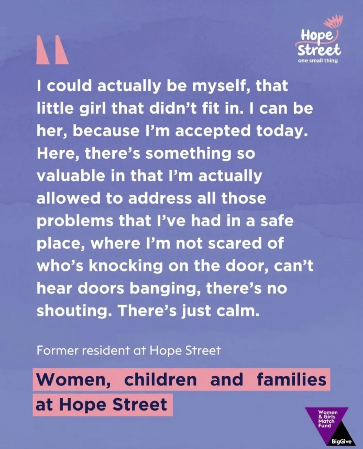 That feeling of peace and safety is what your support makes possible. 💛
&nbsp;
This is our final call for the Big Give Women &amp; Girls campaign. We&rsquo;re extremely grateful for all of the support we have received this past week! 

Link to donat