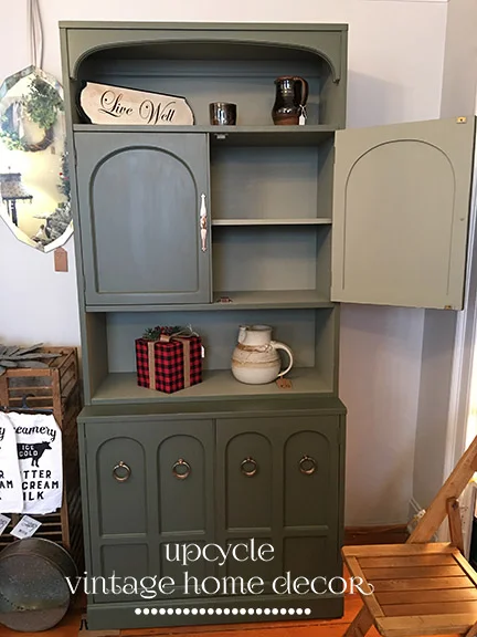 2-piece display/storage cabinet painted in FMP Bayberry with Lichen interior.