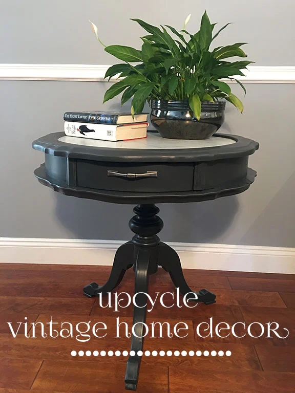 Leather top side table painted in FMP Ash with a faux marble top.