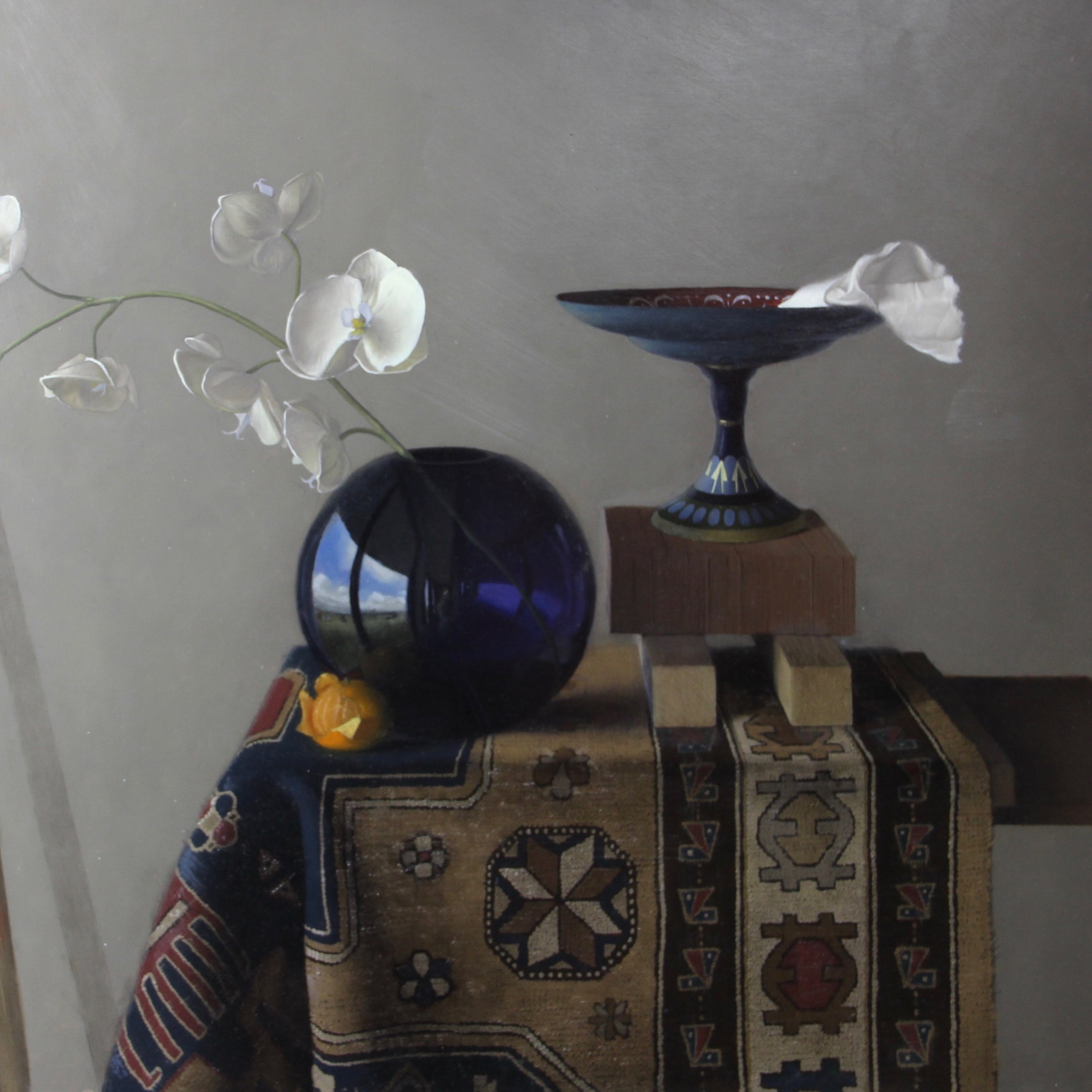 “ Blue vase, Orange, & Rug” 22x22, Oil on Panel $1300