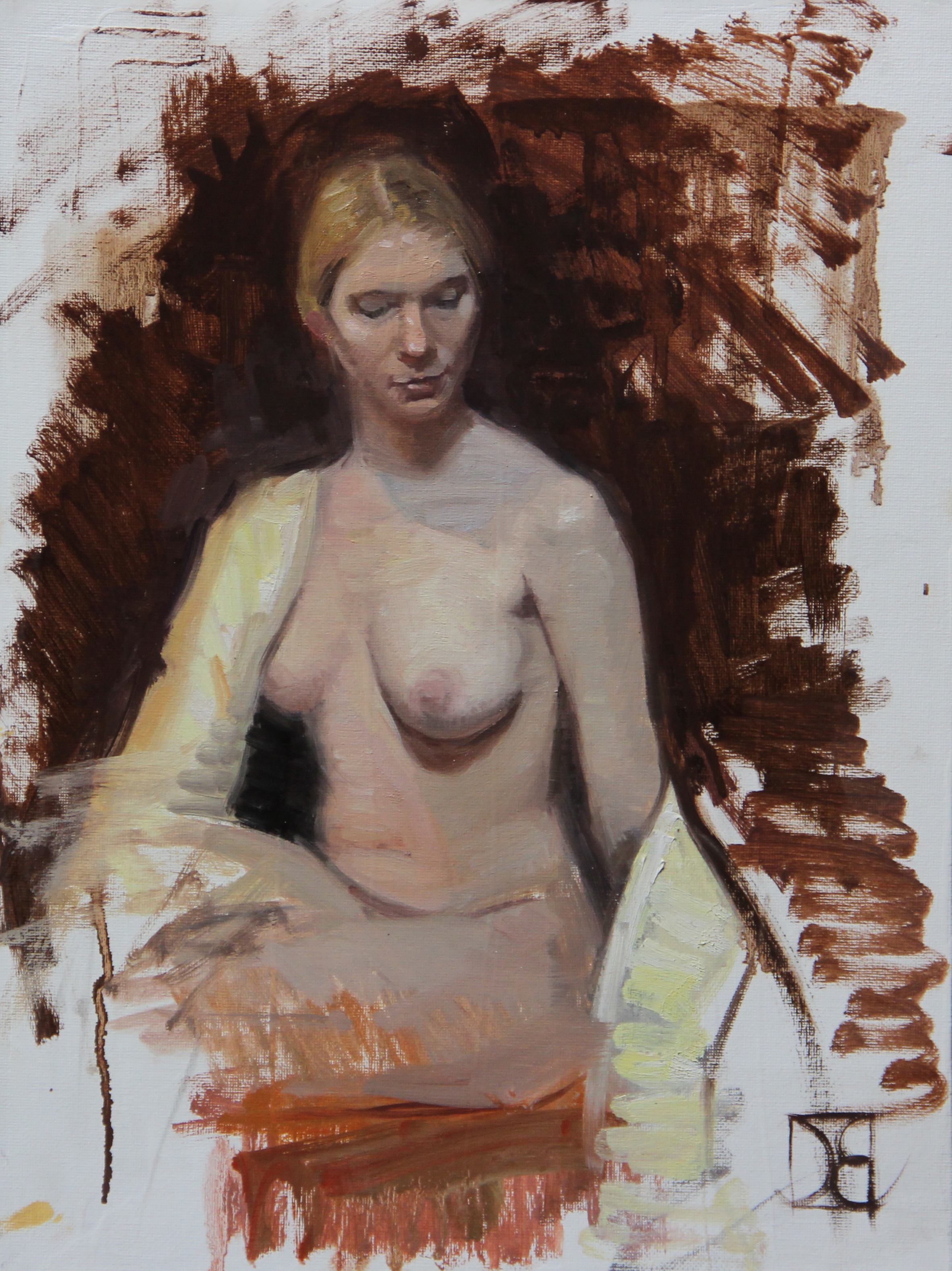 “Pam with Yellow Robe” 12x16, Oil on Canvas Panel $500