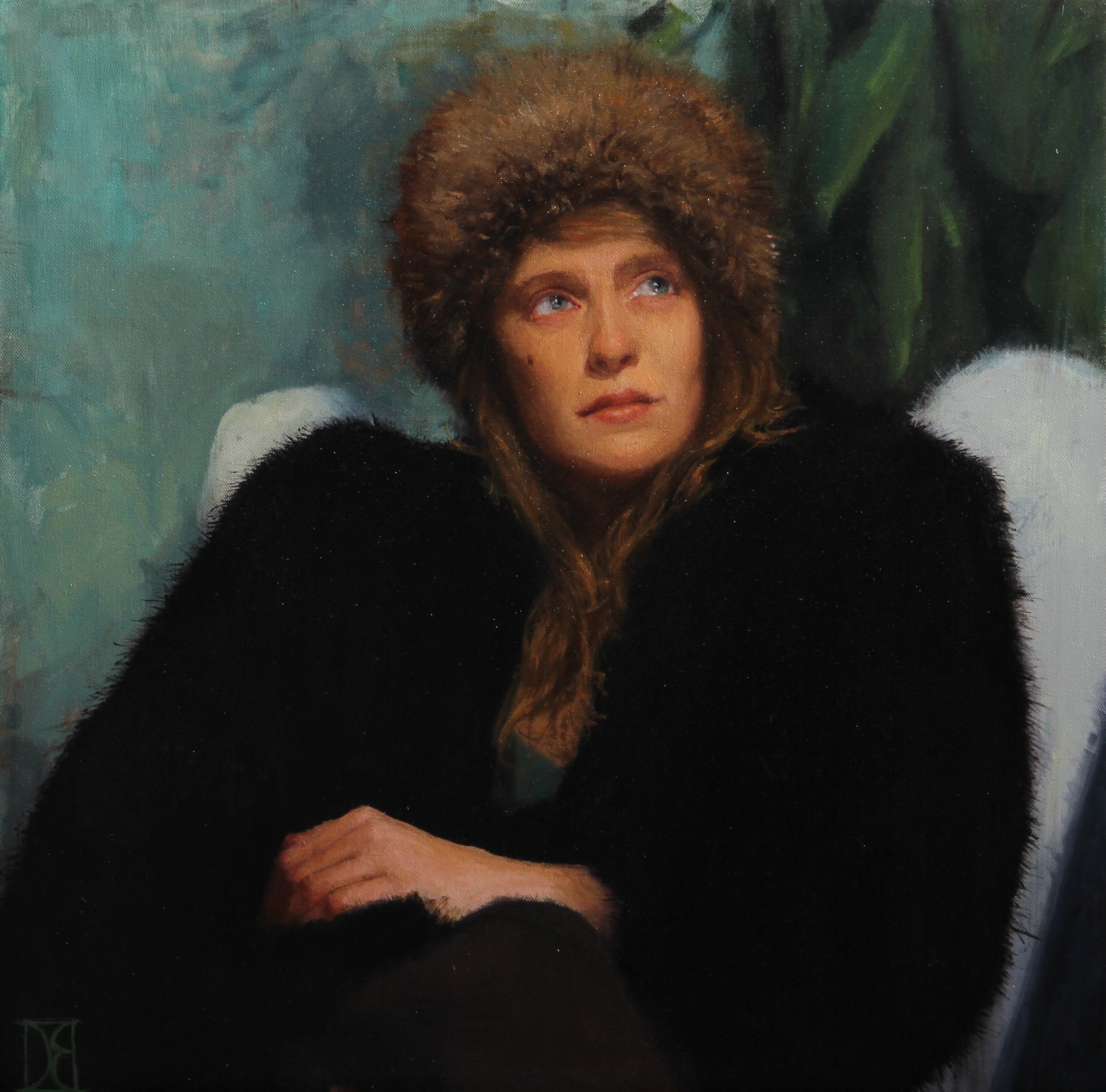 “Skye Loving in Grandma’s Fur” 24x24 oil on canvas $1500
