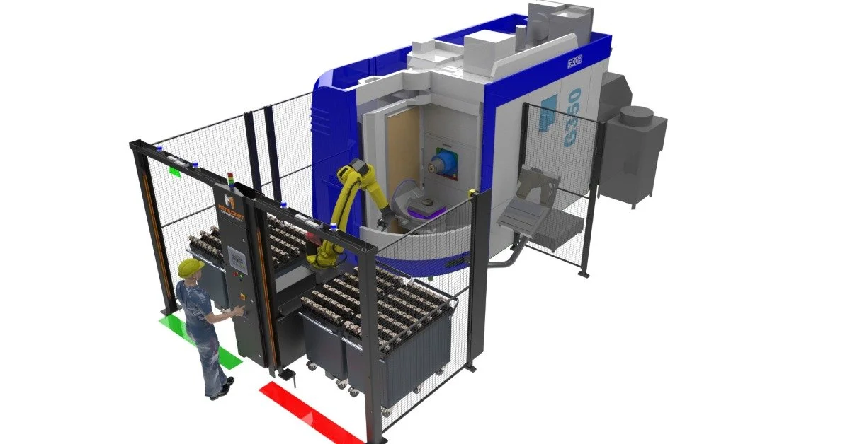 A diagram of a RoboTrex unit in motion. A man is just behind the mechanical arm, controlling the operation.