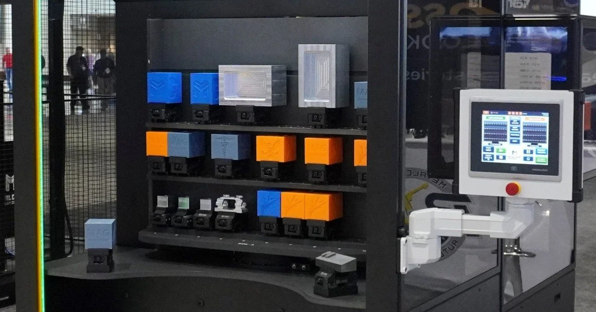 A closeup on two robotic arms painted yellow that are currently at work machining something as sparks fly off from them.