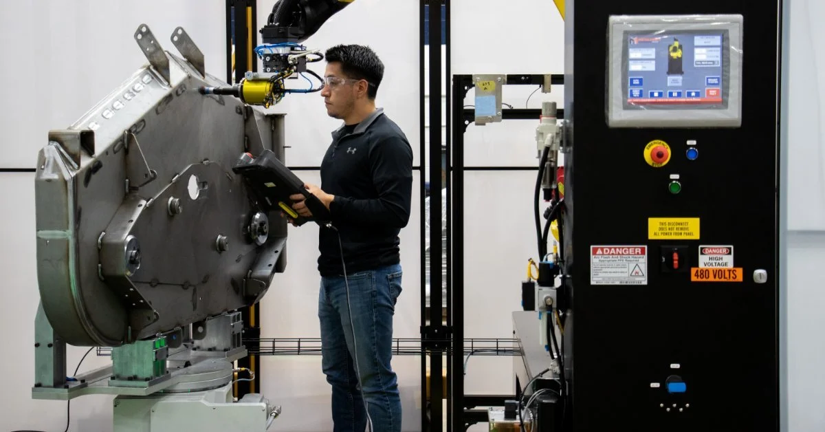 A technician wearing clear safety goggles inspecting a RoboFinisher machine as it does its work on a piece of metal.