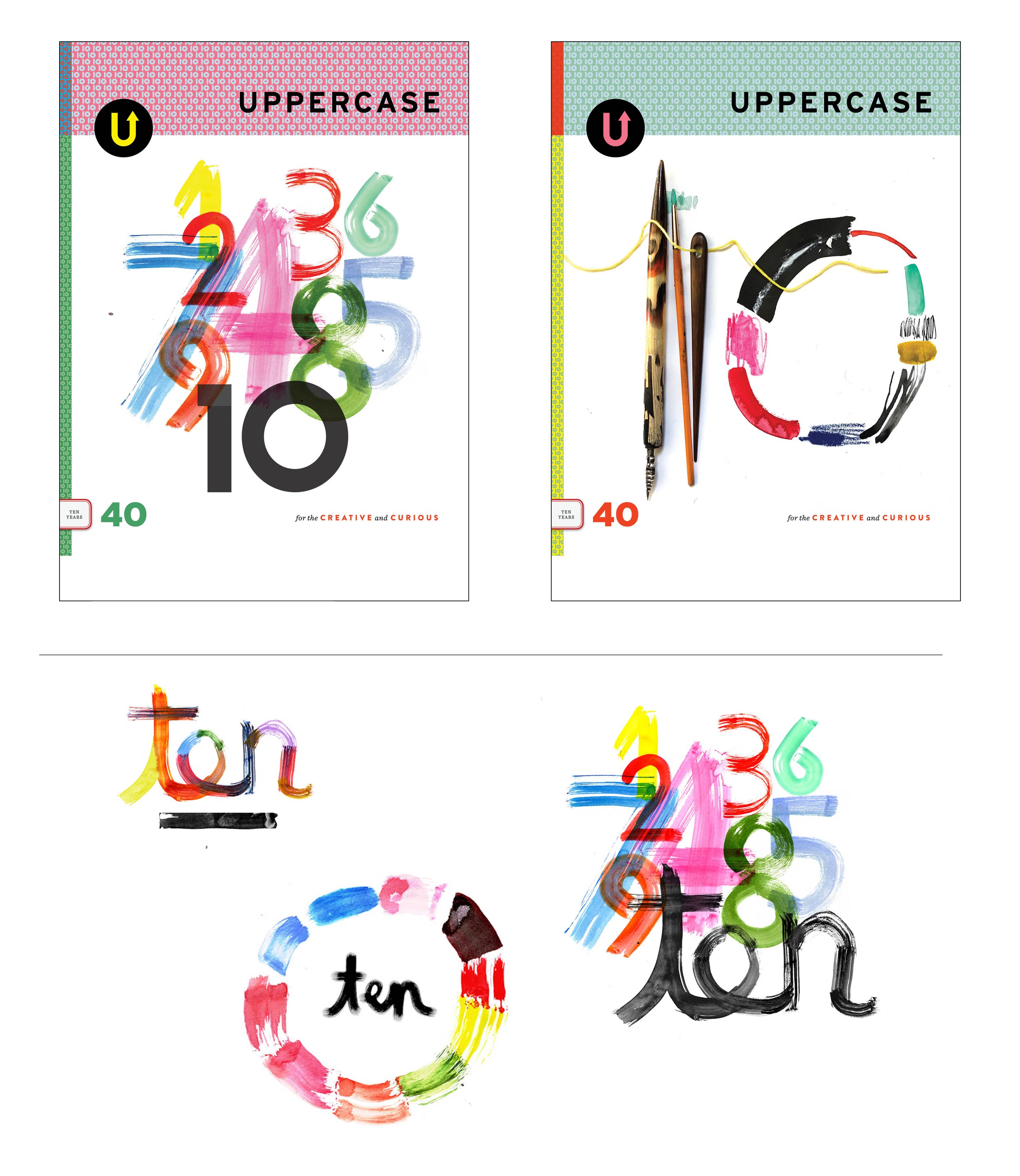 Illustrative design concepts for cover of the 10th anniversary of Uppercase magazine. The cover design was established. I created the art for the covers.