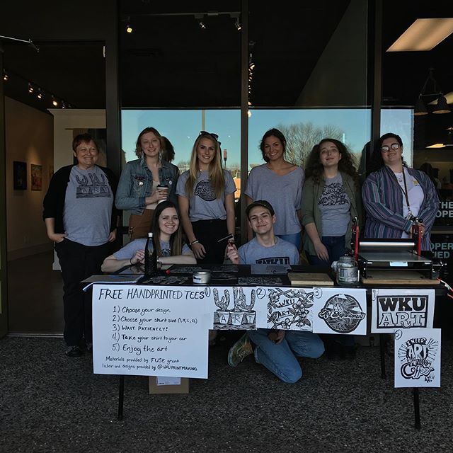 Some pics from last nights printing extravaganza. @wkuprintmaking busted out 50 shirts in one hour @elliswalkergallery! Great work everyone! Hope everyone enjoys their shirts and wears them proudly! #printmaking #wku #wkuart #liveprinting #wkuprintma