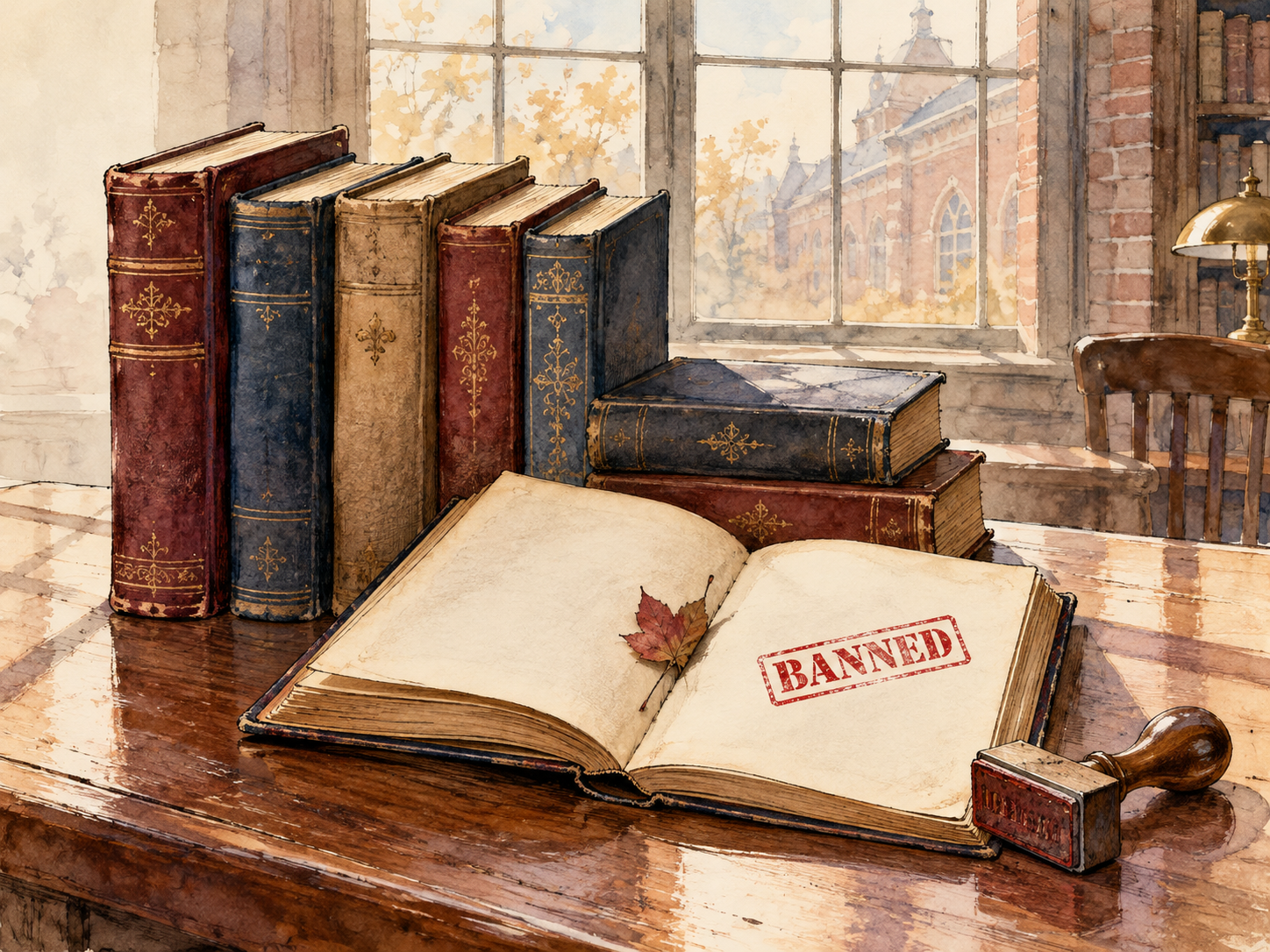 Hand-drawn watercolor illustration of vintage books in a historic library, with an open book stamped BANNED, representing Boston's history of literary censorship.