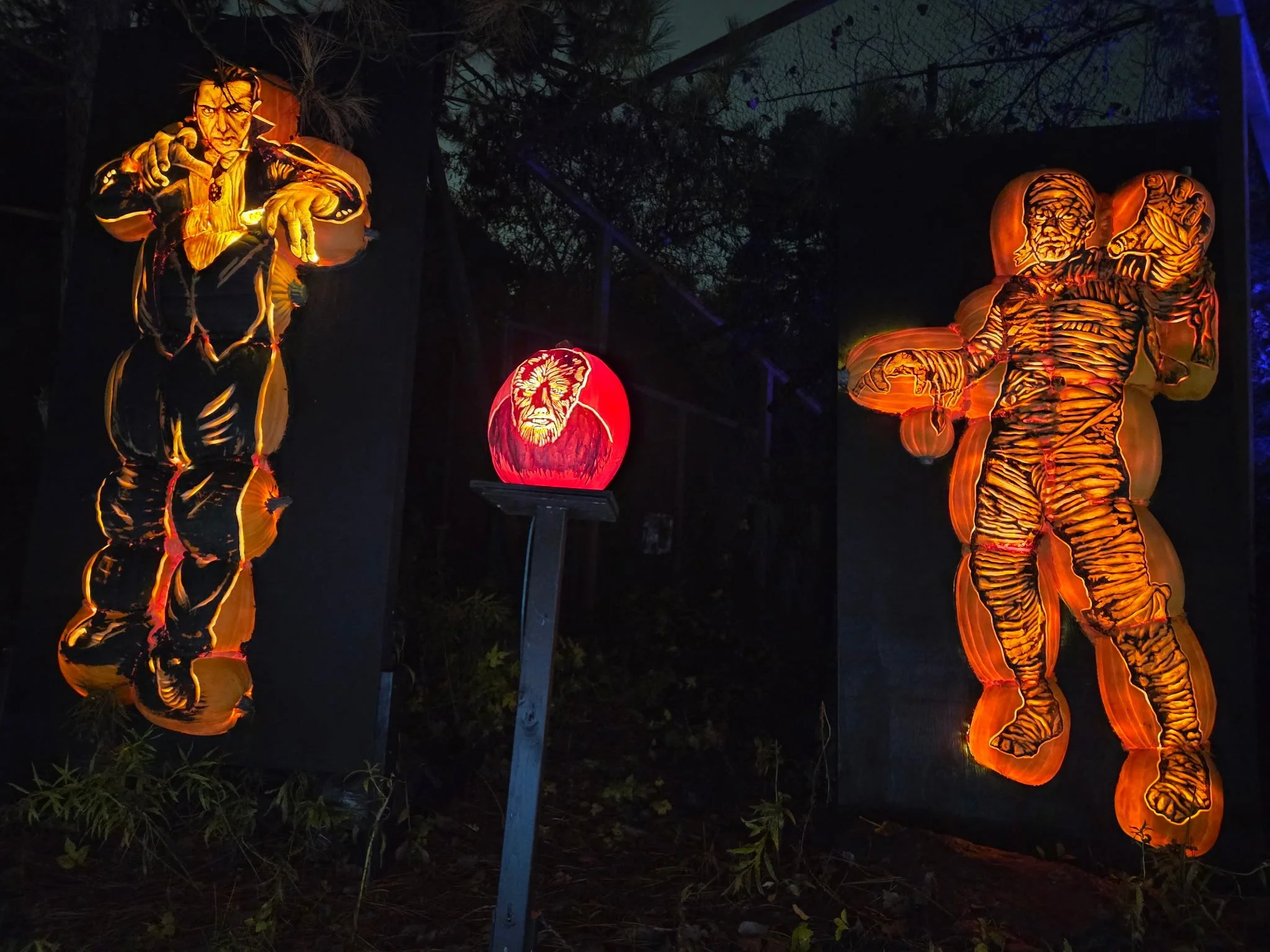 Classic Halloween monsters come to life in elaborately carved, illuminated pumpkin displays.