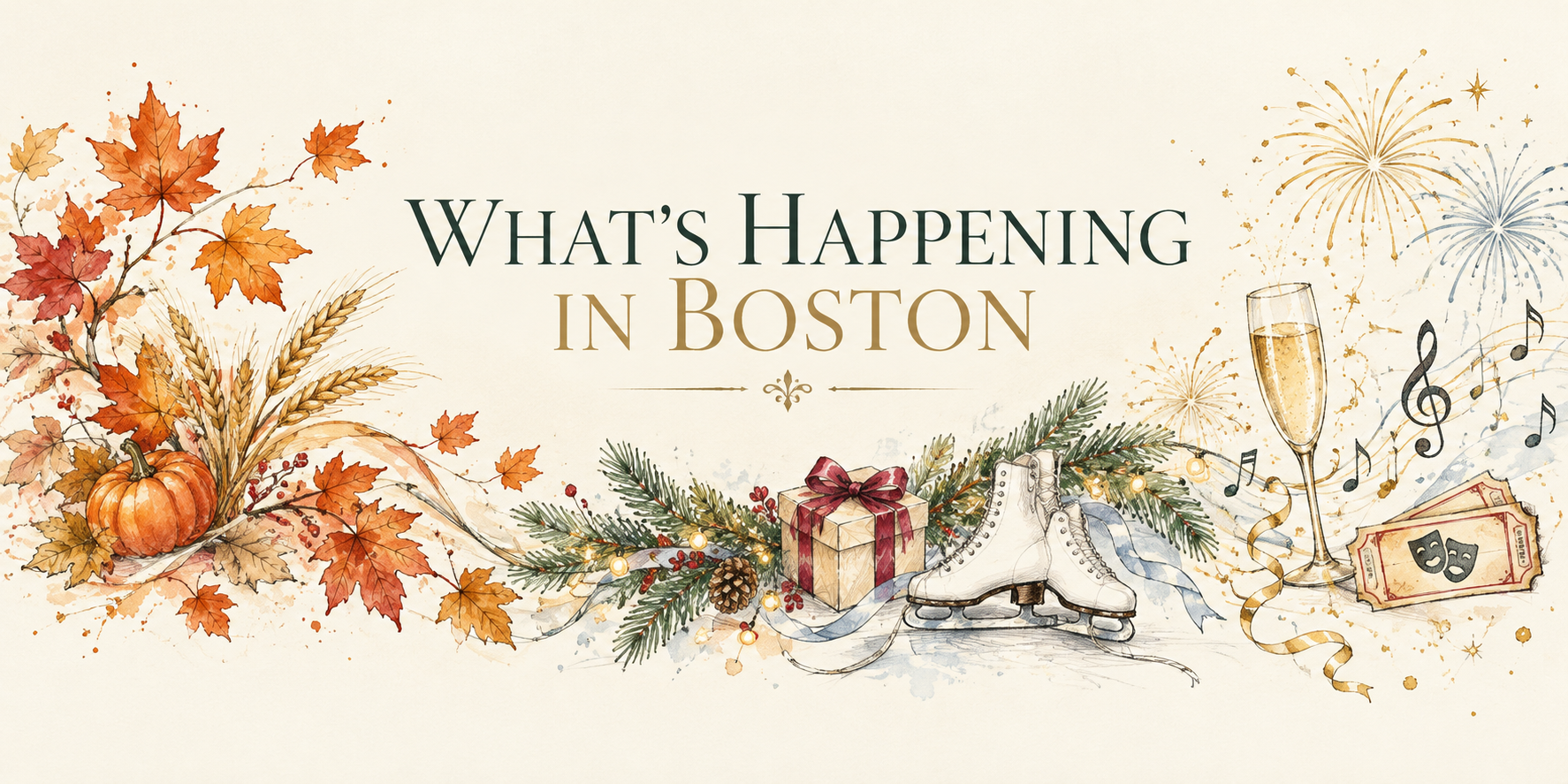 Hand-drawn seasonal illustration for What's Happening in Boston, featuring autumn leaves, a pumpkin, Christmas greenery, ice skates, theater tickets and New Year's fireworks.