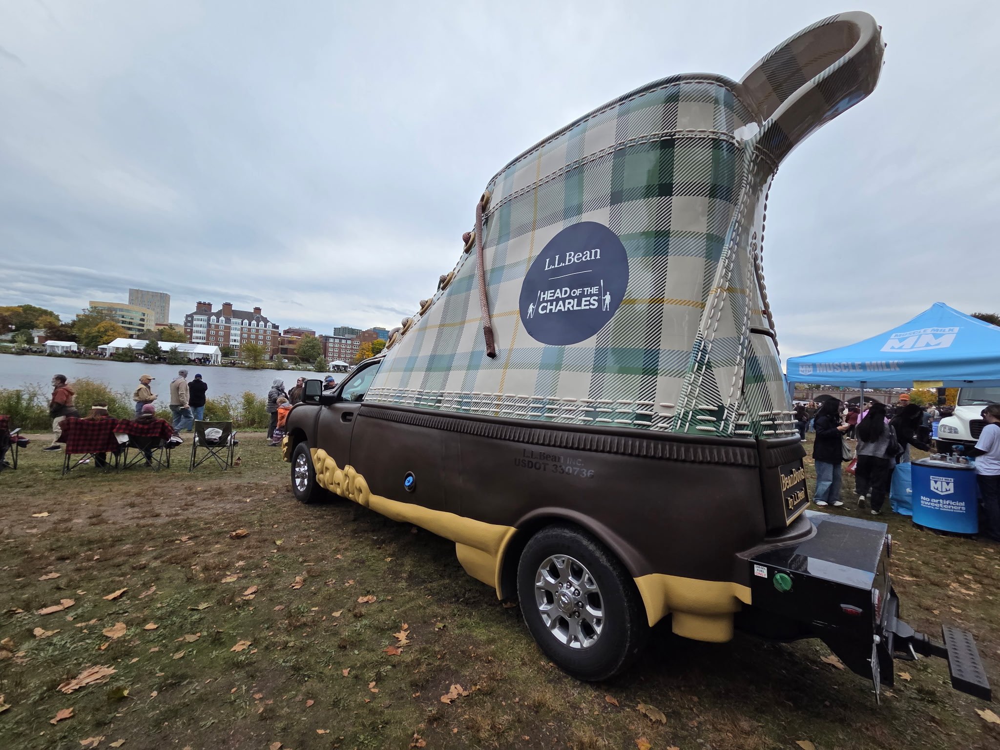 The unmistakable L.L.Bean Bootmobile brings a little Maine character to the Cambridge riverfront. Photo: GoBoston.