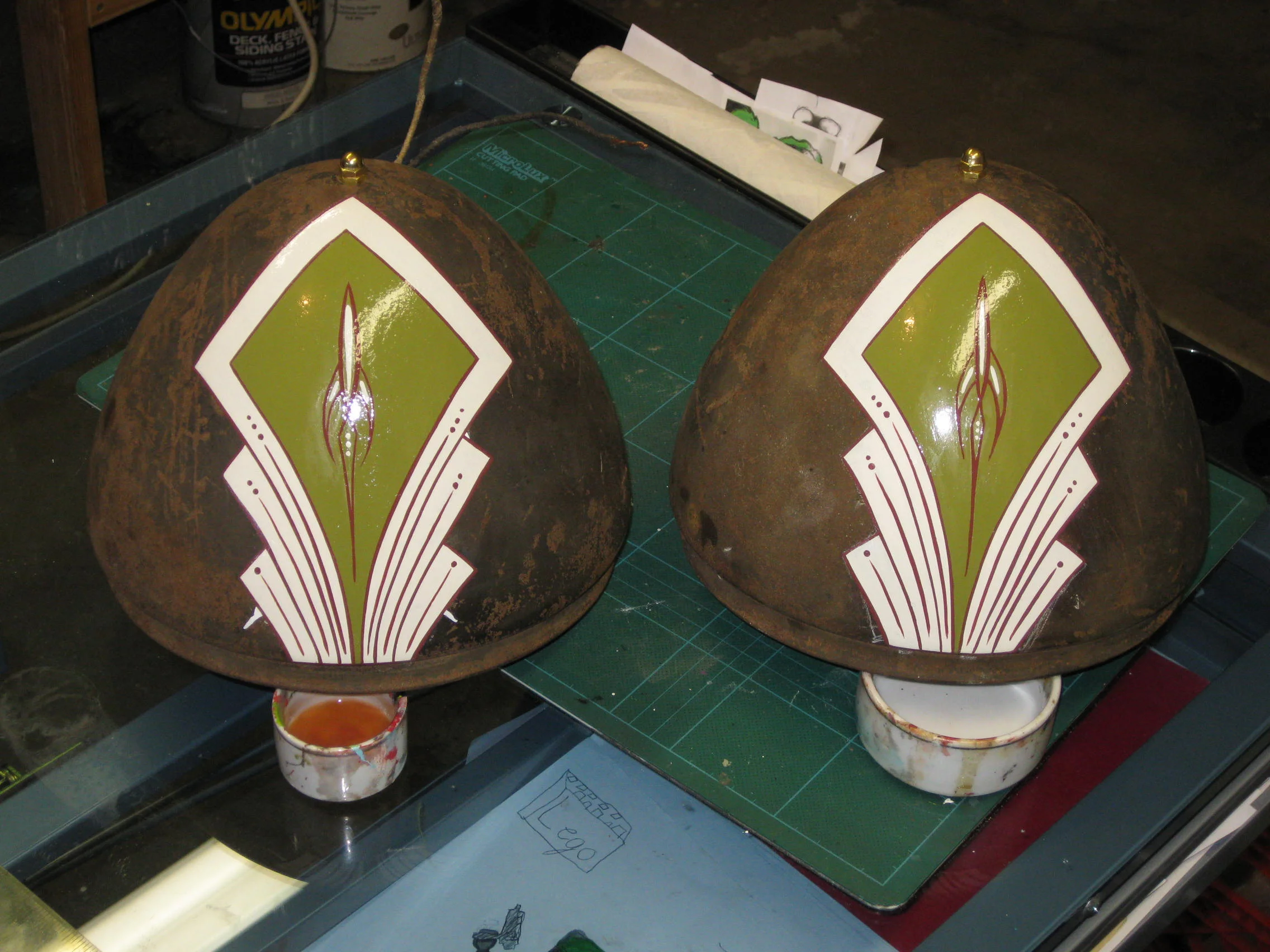  Headlight buckets with an art deco design made into a lamp fixture 