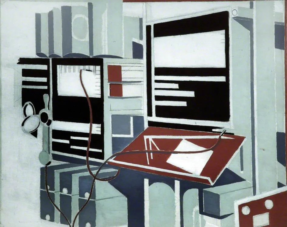 Paul Nash, Telecommunications , 1934. Walker Art Gallery . I’m sure I read somewhere (but can’t now find) that this was a commission, which would make sense as it is very different from Nash’s normal subject matter. While I had admittedly been looking at lots of versions of the same photograph of the Manchester Baby just before I found this, and it is in any case somewhat absurd to treat as a visual record of 1930s telecommunications history, I immediately saw a resemblance here to the Manchester Baby which is not coincidence. The Baby, like the Colossus before it, was built in the the upright bedstead-like ‘frame’ architecture of pre-war telephony infrastructure.