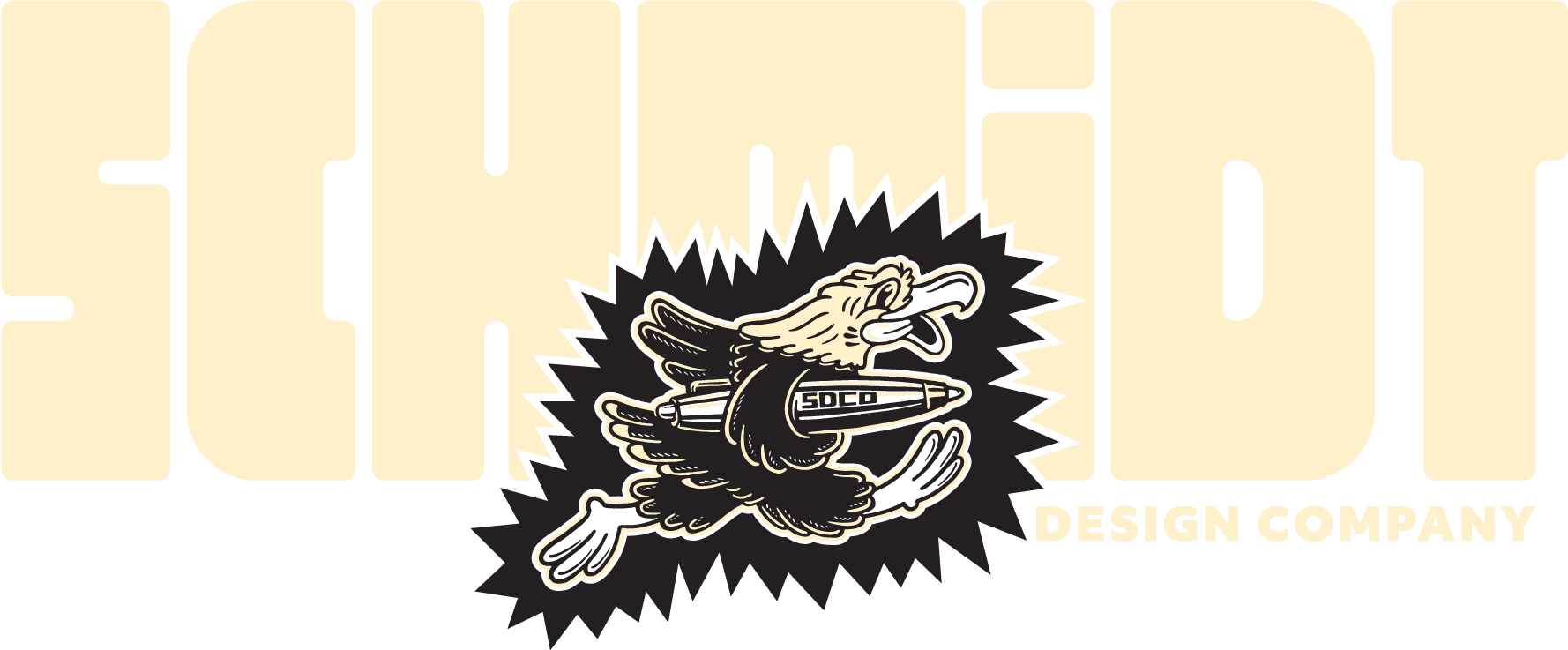 Logo for Schmidt Design Company featuring a stylized eagle holding a pen in its talons, with a dynamic starburst background.