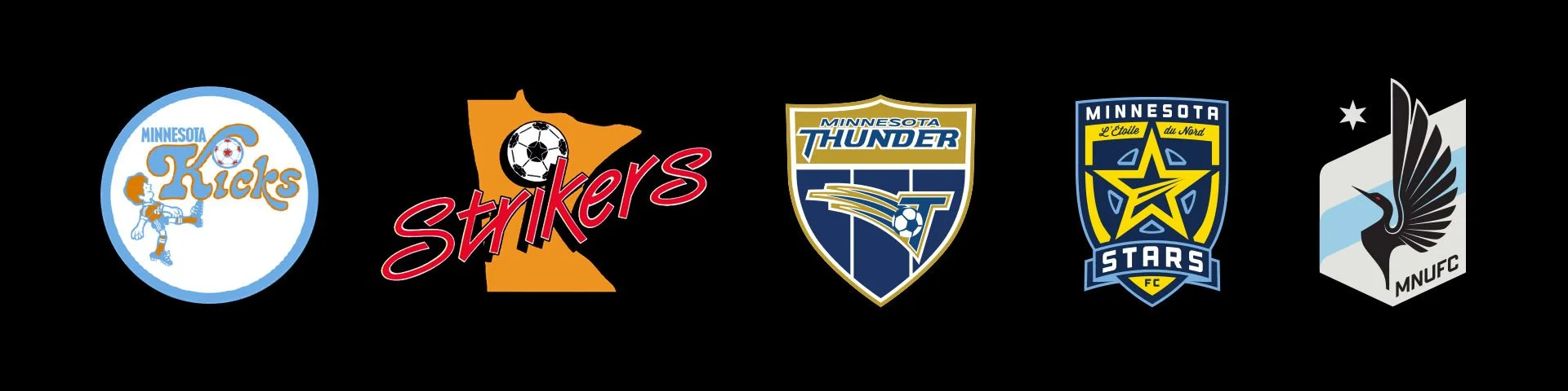 Logos of five Minnesota soccer teams: Minnesota Kicks, Strikers, Thunder, Stars, and MNUFC.