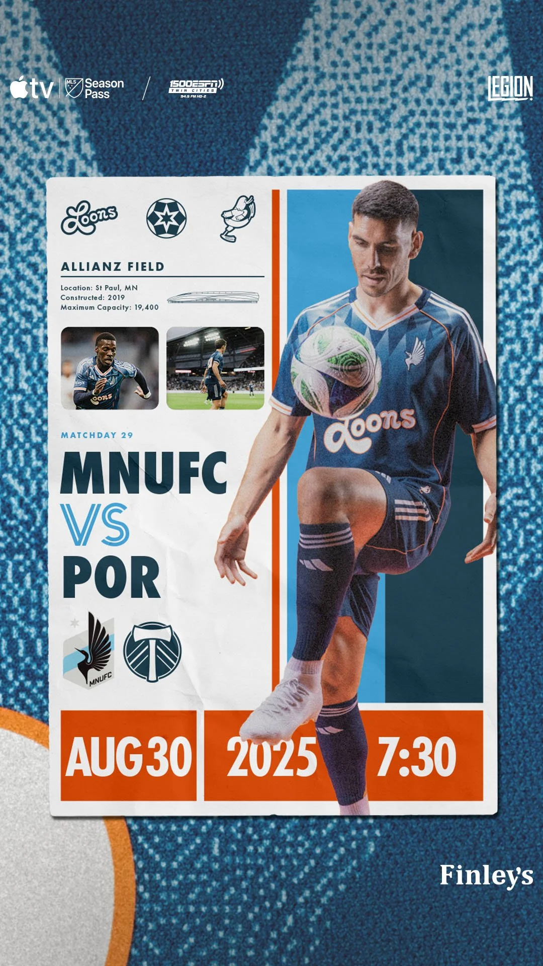 Soccer match between Minnesota United FC and Portland Timbers scheduled for August 30, 2025, at 7:30 PM at Allianz Field in St. Paul, Minnesota. The poster features a player in a blue uniform and the logos of the teams and sponsors.