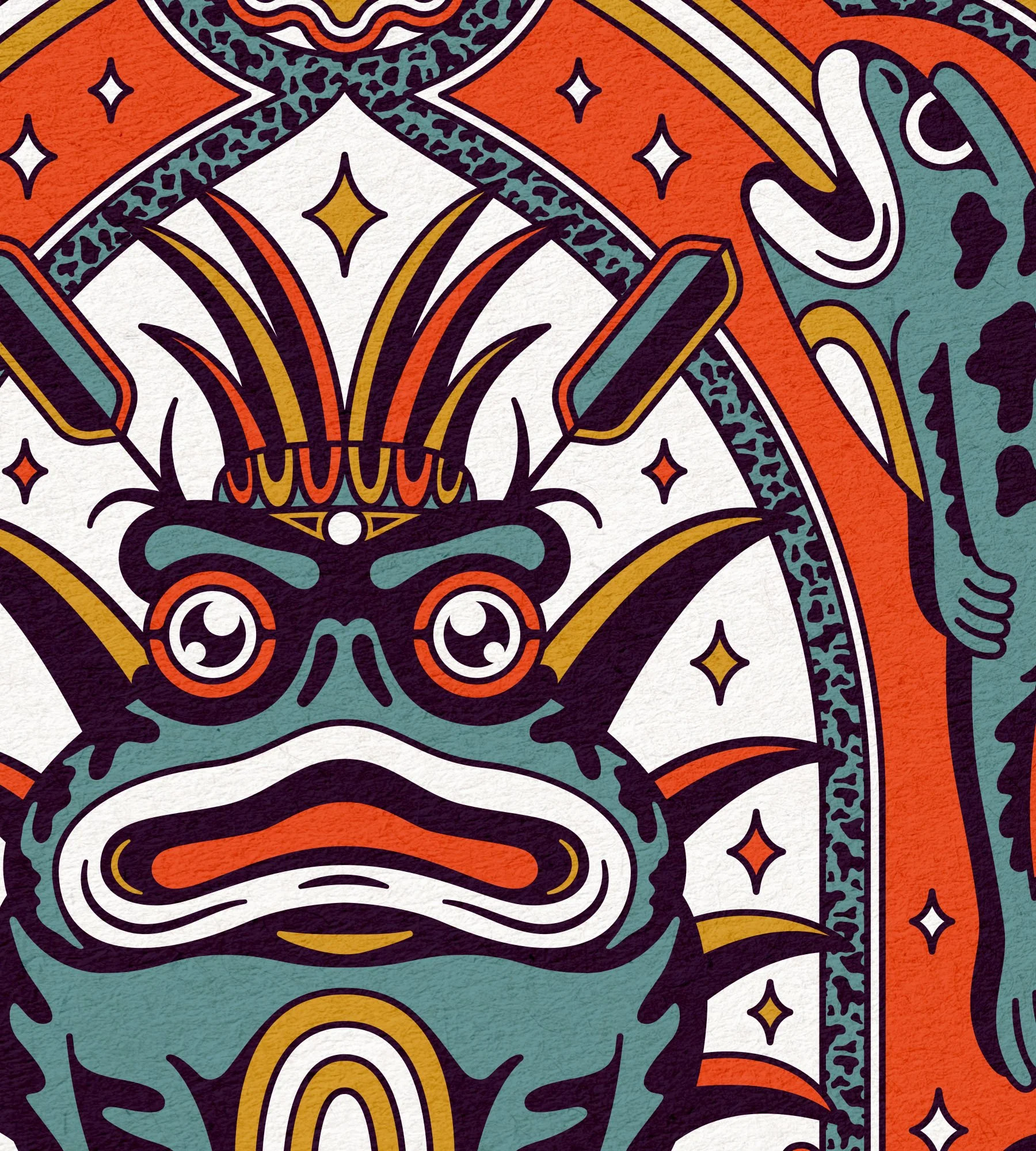 Close-up of a colorful, intricate, and symmetrical illustration featuring abstract patterns, shapes, and lines in orange, teal, white, yellow, and black, resembling a decorative artistic design.