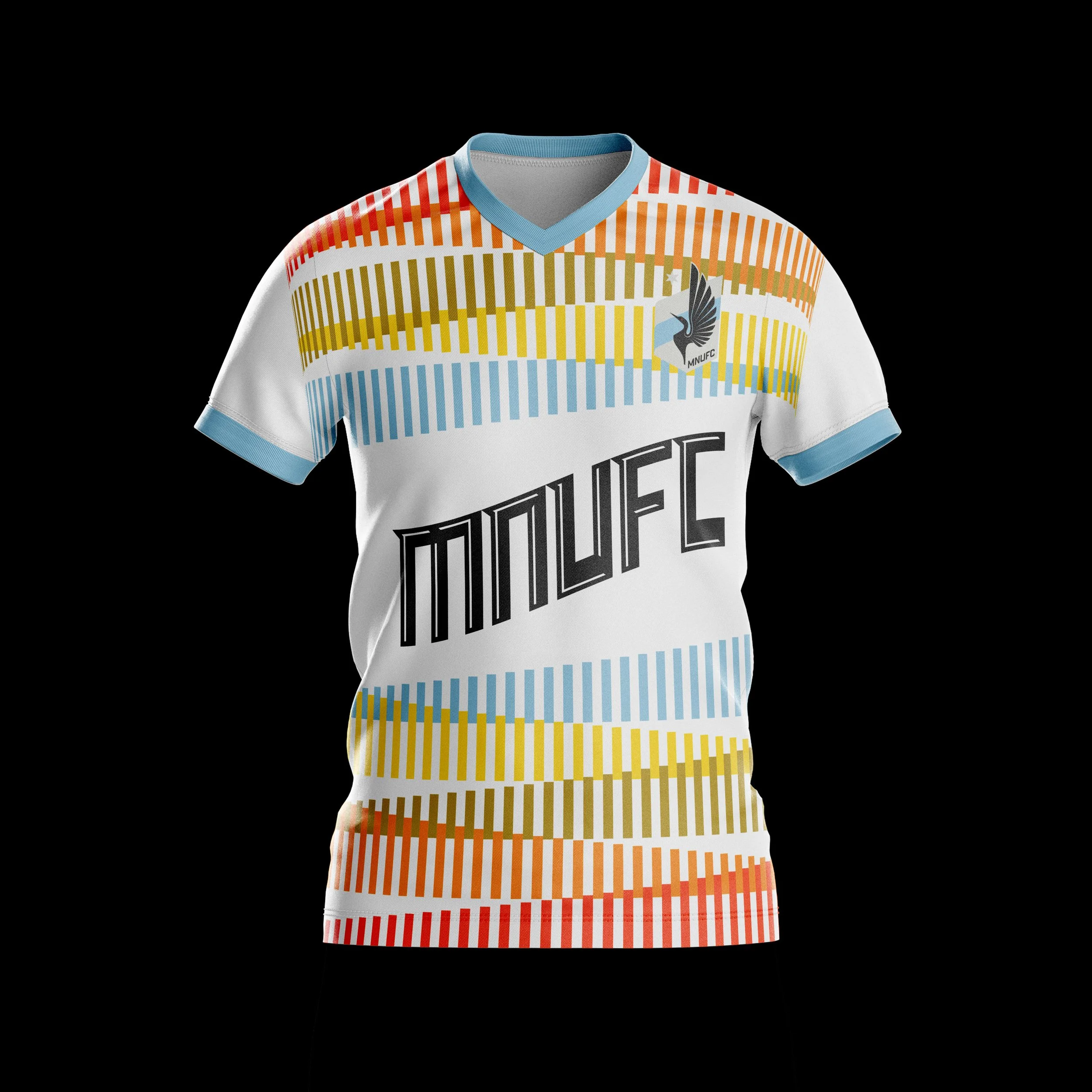 A white sports jersey with colorful horizontal stripes in red, orange, yellow, blue, and light blue across the chest and sleeves, featuring a logo with a bird and the letters 'MNUFC' on the left chest area and bold black text on the lower front.
