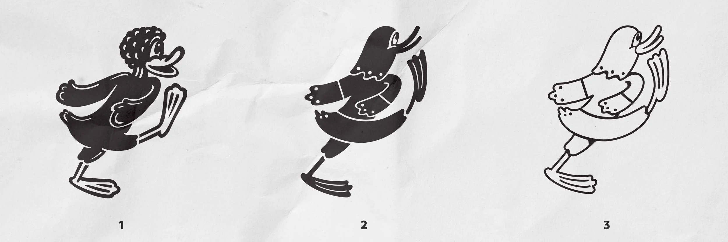 Black and white illustrations of three different loon characters with varied poses and attire, numbered 1 to 3.