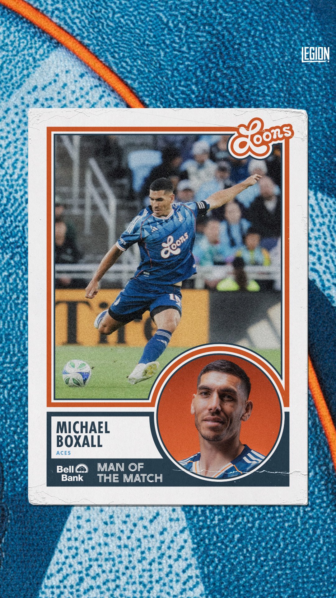 A collectible sports card featuring soccer player Michael Boxall in a blue uniform, with a close-up portrait of him and an action shot of him kicking a soccer ball during a game.