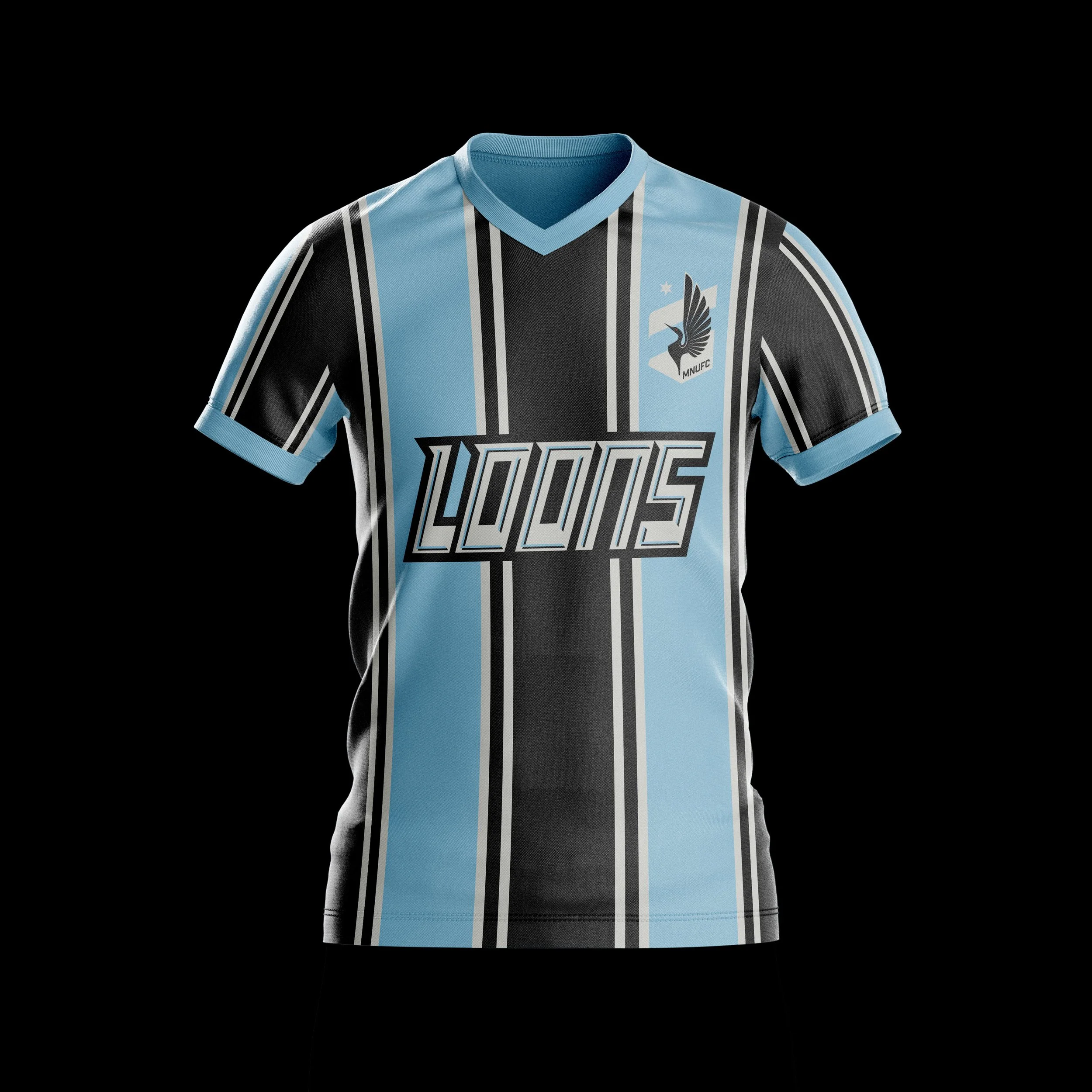 A sports jersey with vertical black and blue stripes, a V-neck collar, and MNUFC's logo on the left chest. The word 'LOONS' is printed across the front in bold letters.