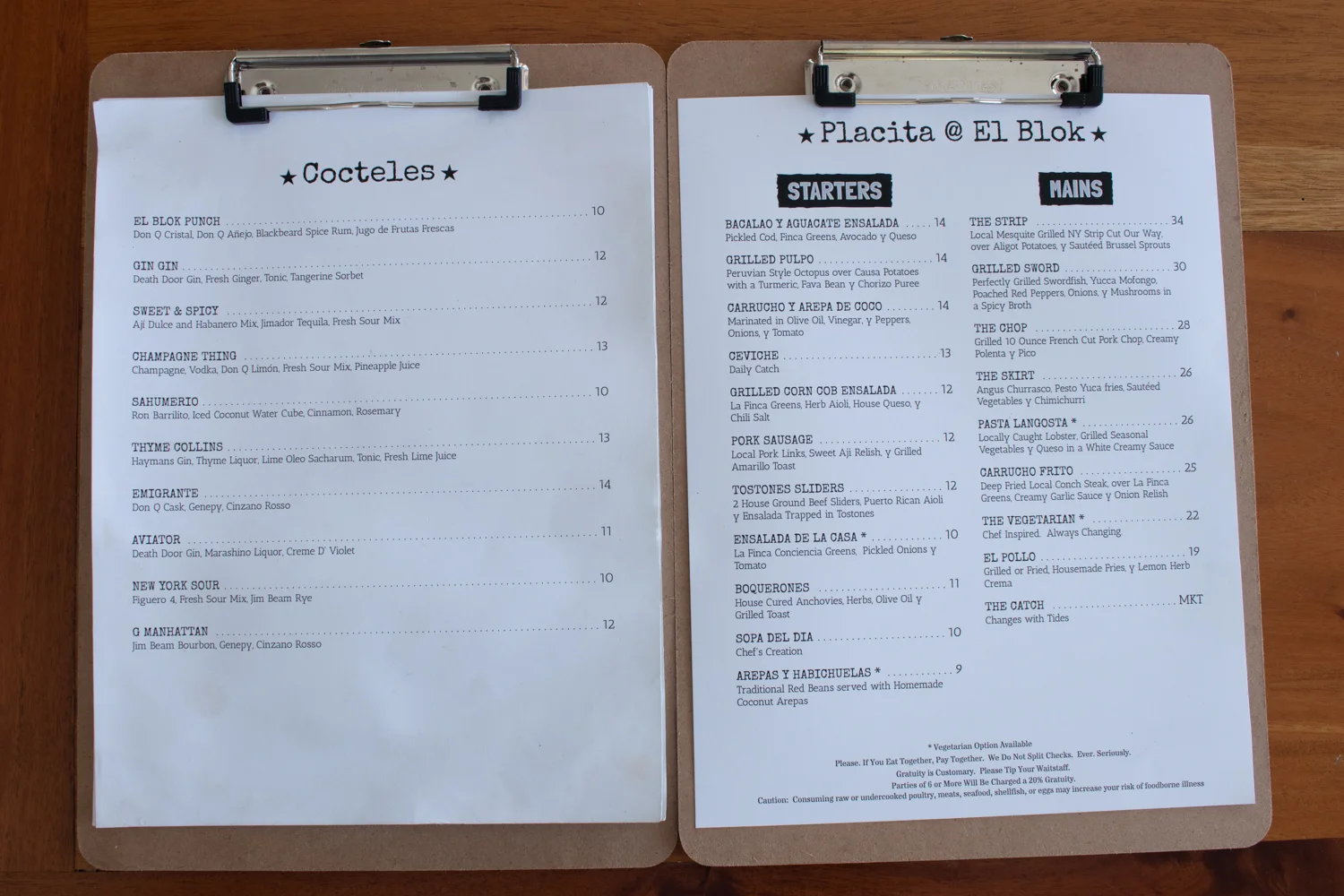 The drink and dinner menu at El Blok.
