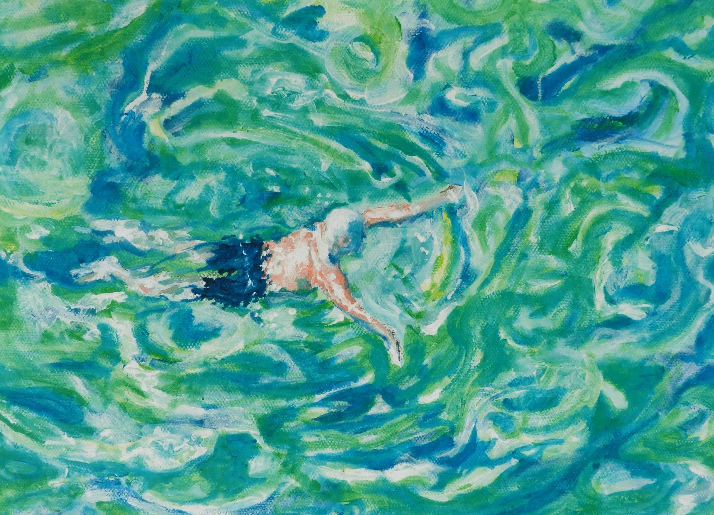 Bluepool Breastroke. Oil on canvas. Gallery wrapped. 30 x 22. Painting NFS. Limited edition print (image size A4) on archival cotton rag paper- $95 (Inc shipping).