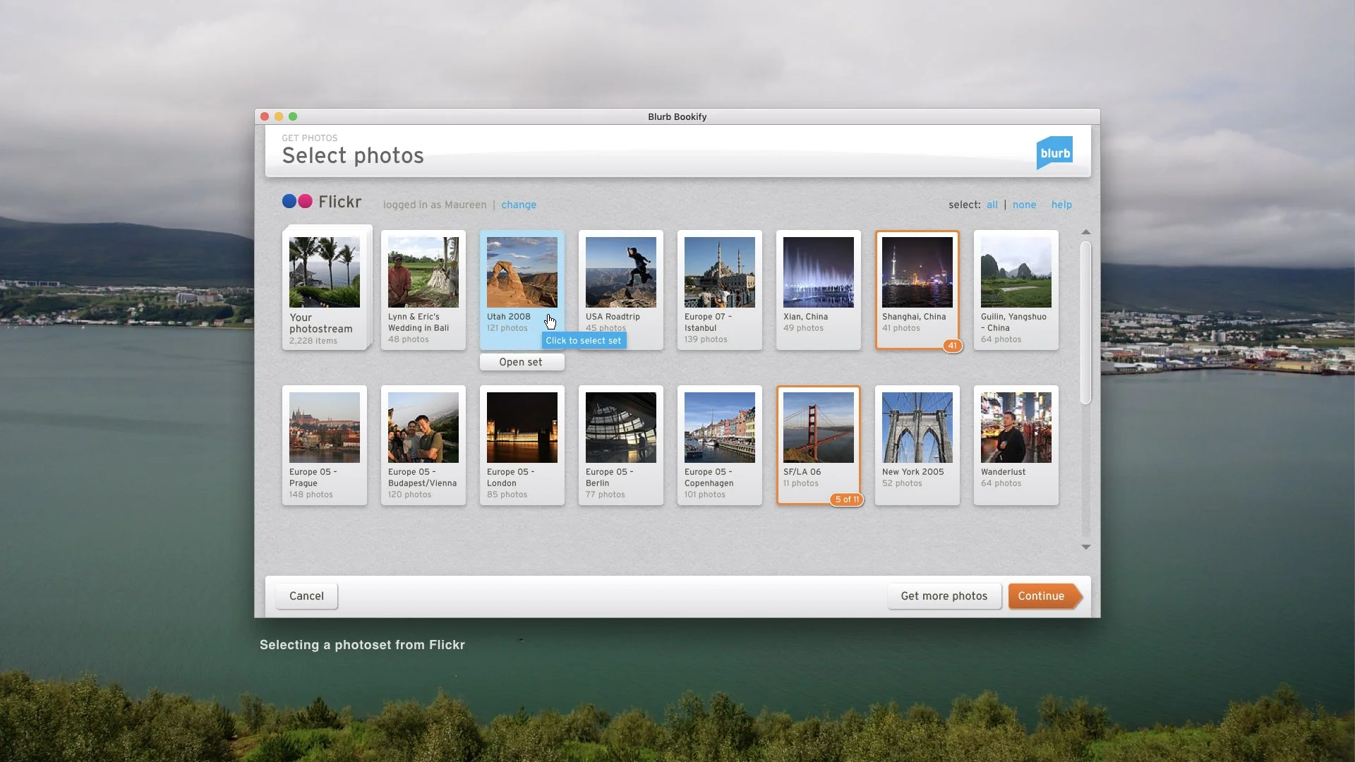 After logging into Flickr, the user can browse their photosets… 