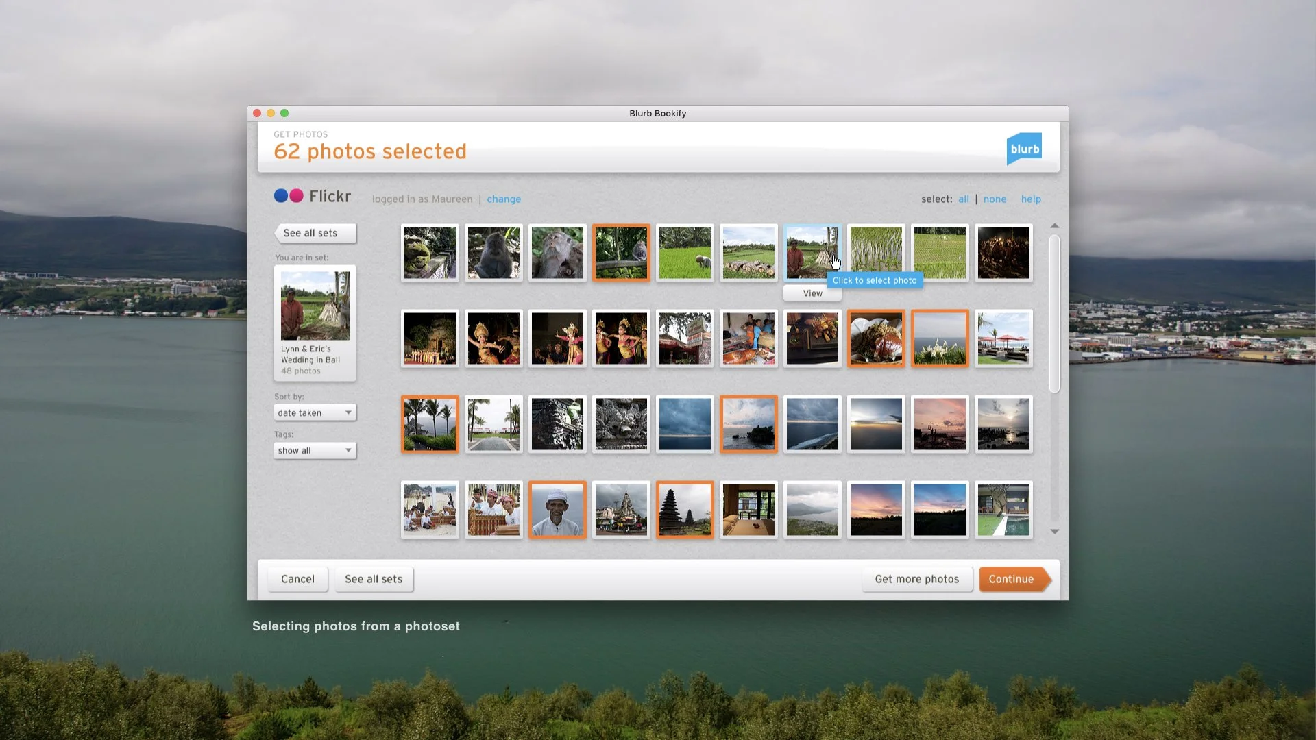  Once in the photoset, the user can select photos to use for the book. 