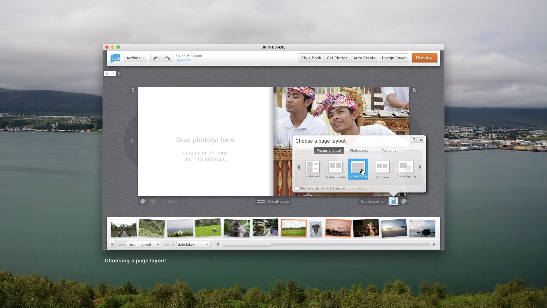 Our layout editor smartly chooses the layout that matches the number of photos on the page. The user can also select the layout herself with the layout tool. 