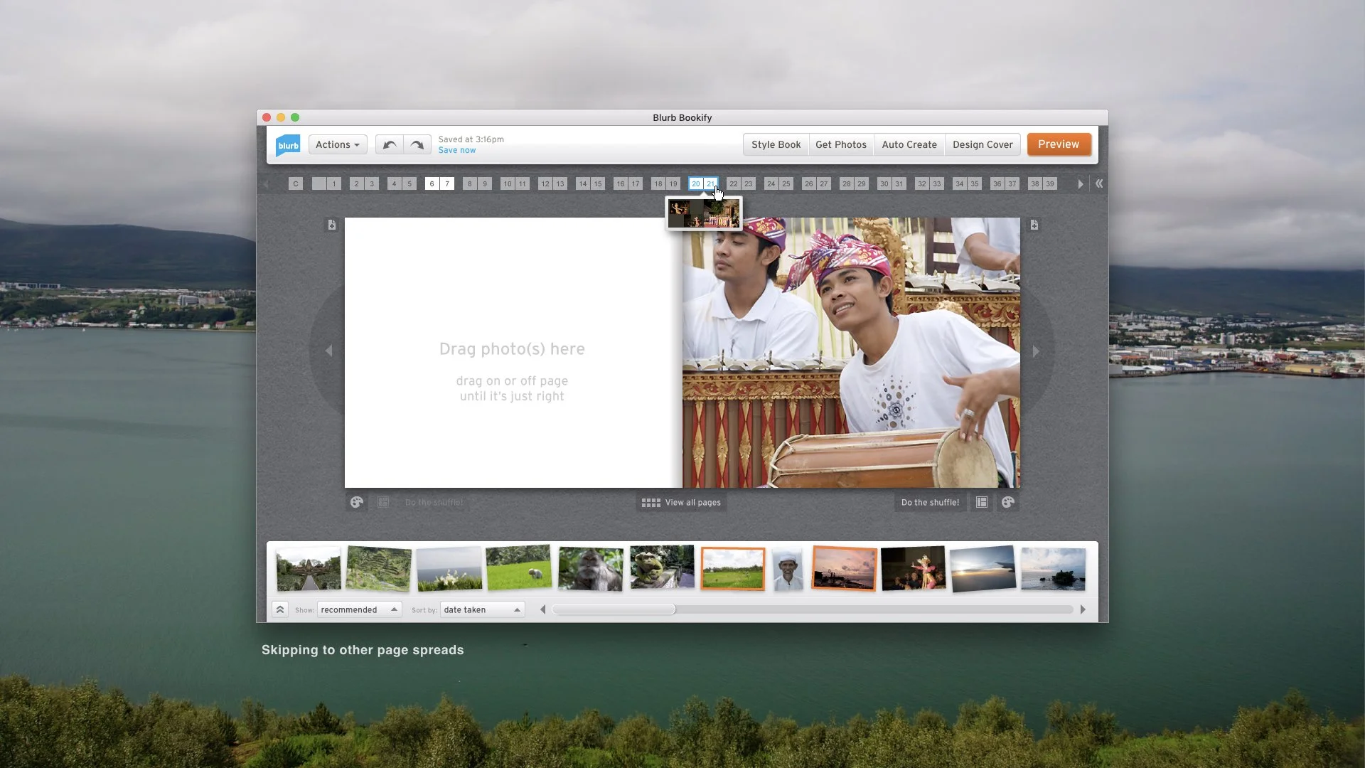  A page spread thumbnail strip can be expanded so the user can quickly skip to the desired page spread. 