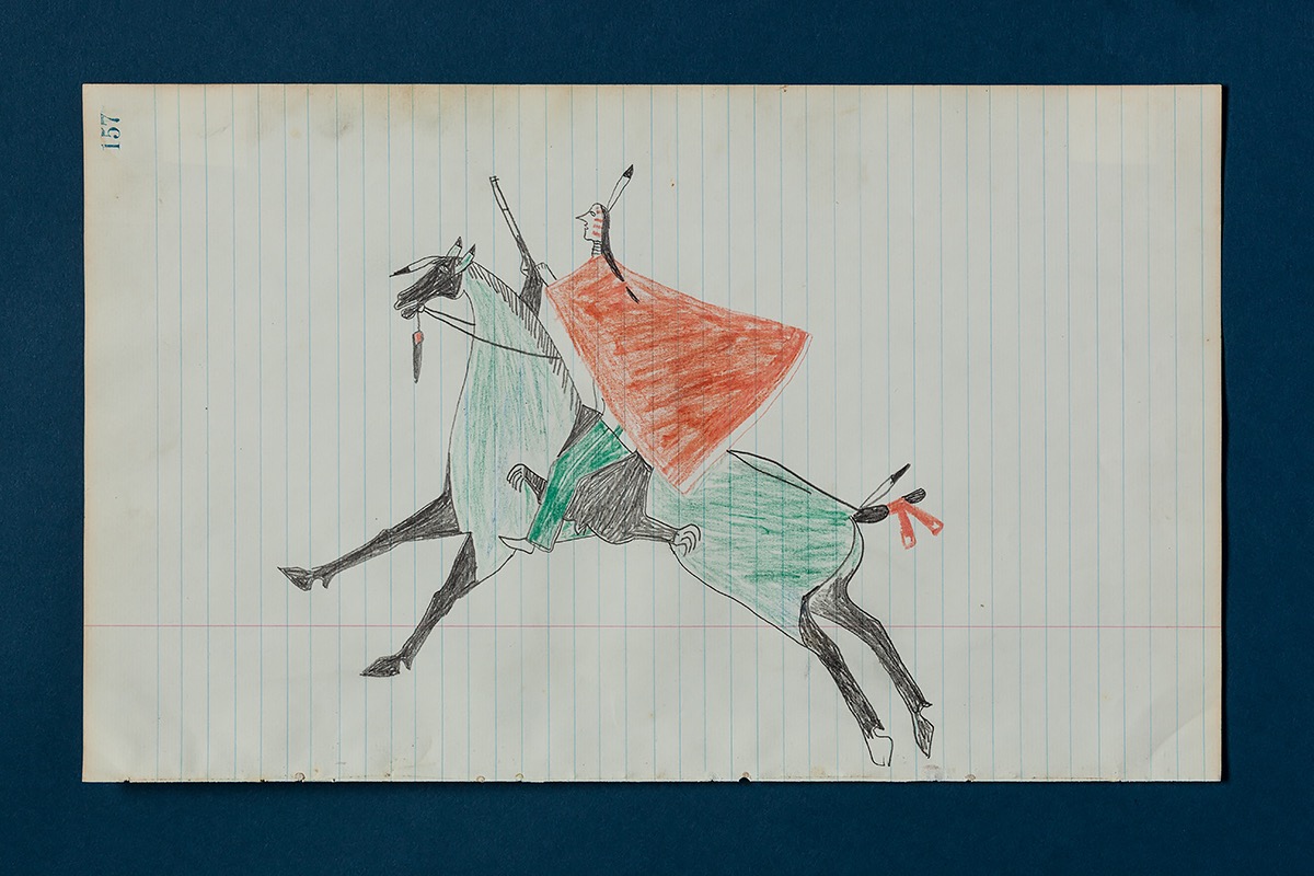 Lakota Warrior charging with red blanket, repeating rifle,and bear hide saddle throw. Amidon Ledger 1880s artist Jaw