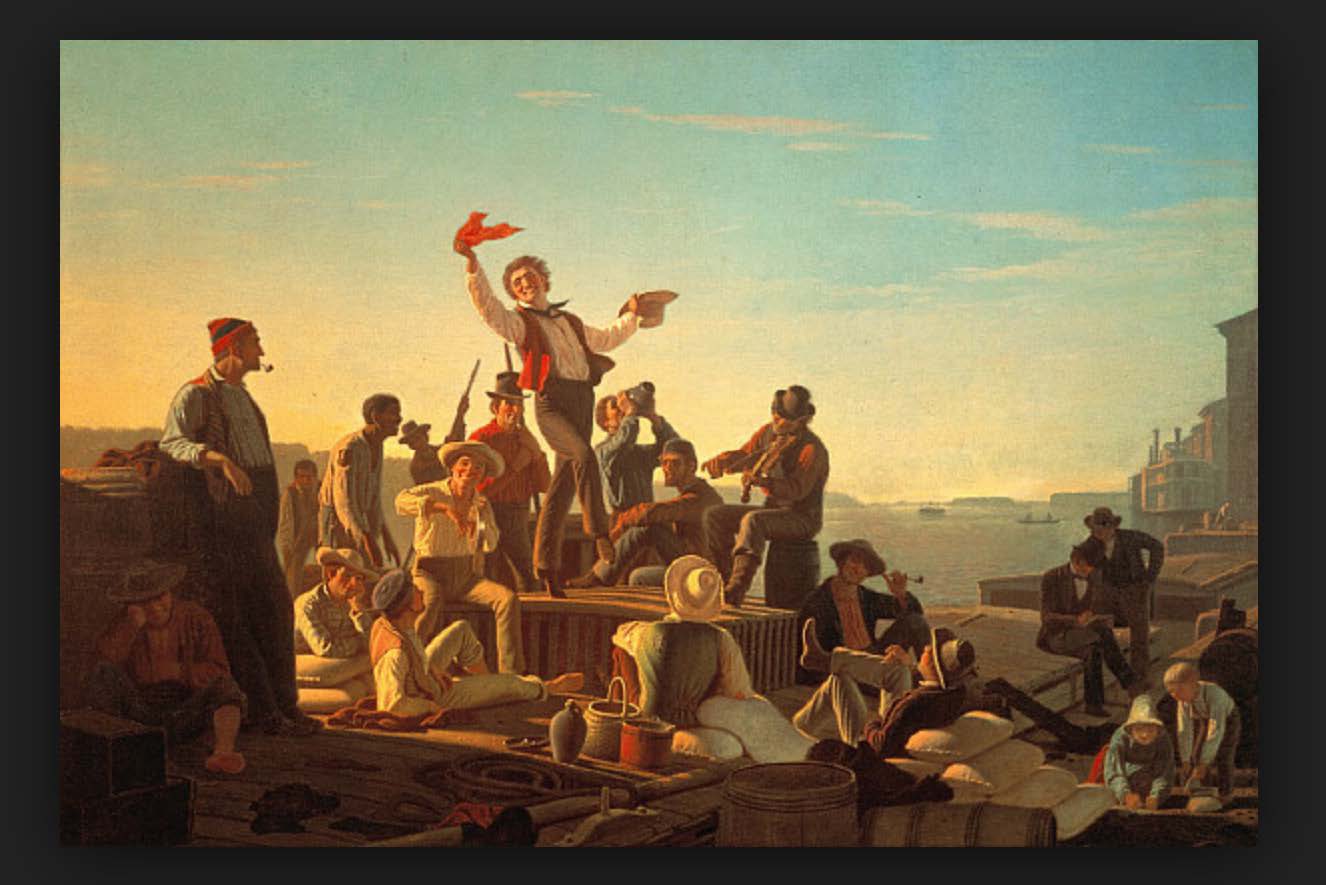 “The Jolly Flatboat Men”, 1857, George Caleb Bingham