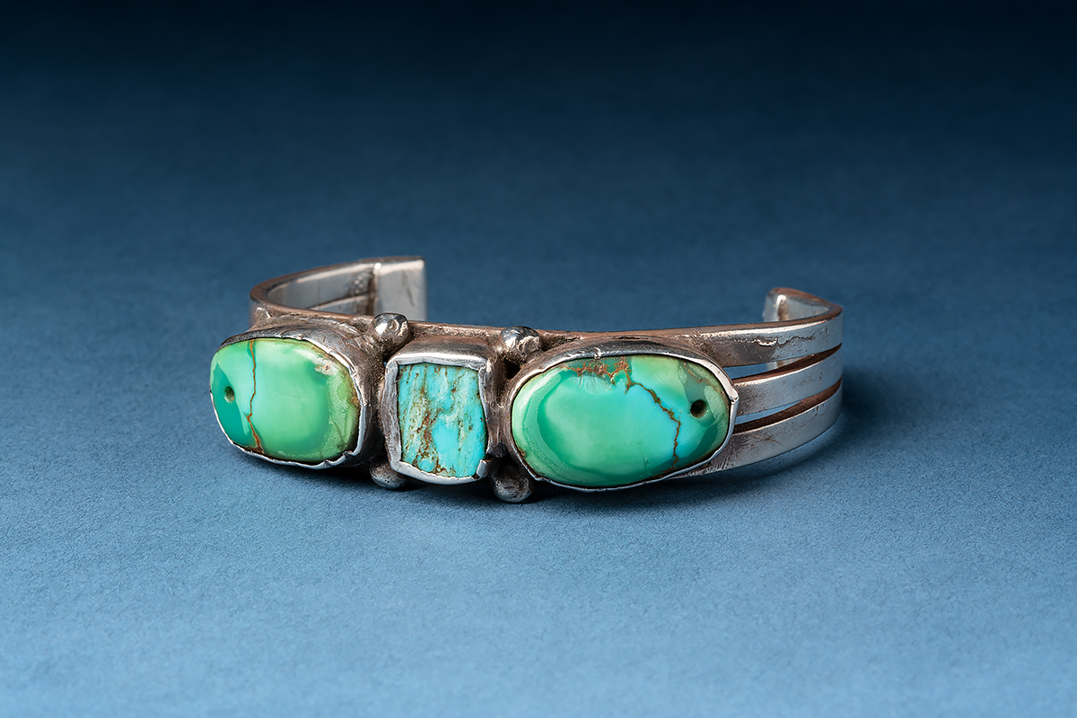Ingot Bracelet with mounted turquoise ear bobs, 1890