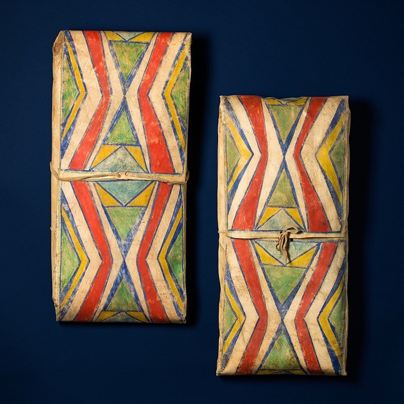 A pair of matched Crow, (Absaroka) parfleche, Late 19th century. 27&rdquo; X 13.5&rdquo; each. A beautiful matched set of pafleche
Though usually made in pairs, because of the Plains Indian custom of &ldquo;Give Aways&quot; and tough Native use, very