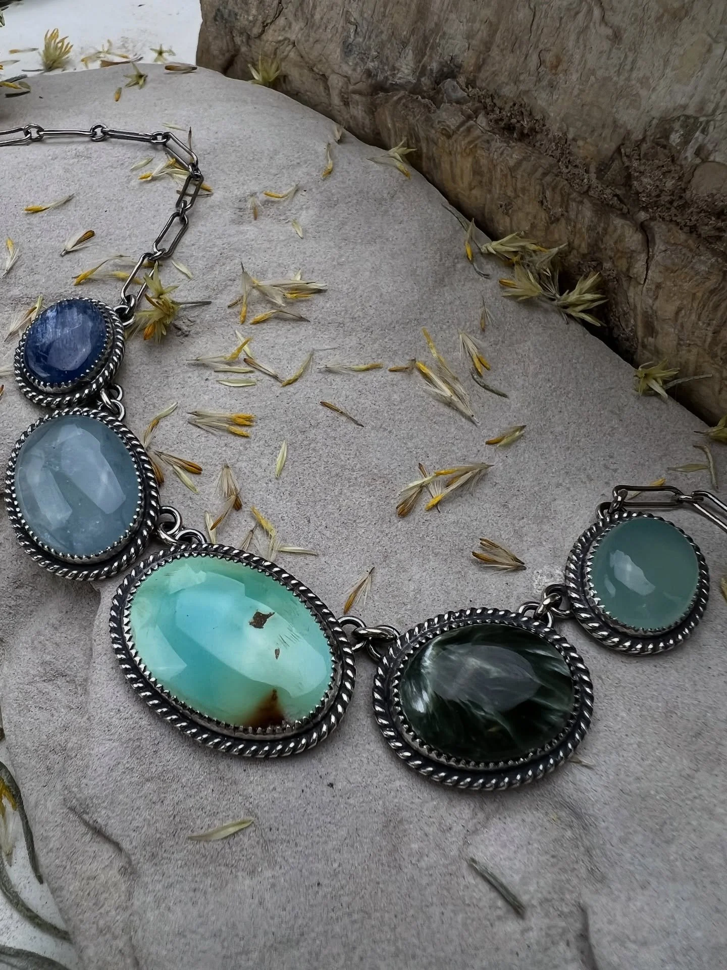 Kyanite for clarity, aquamarine for flow, turquoise for protection, seraphinite for healing, and chalcedony for calm, all hand-selected for this dreamy statement piece.

Swing by the studio Wednesday evening, 5:30&ndash;7 PM to preview + shop the Mel