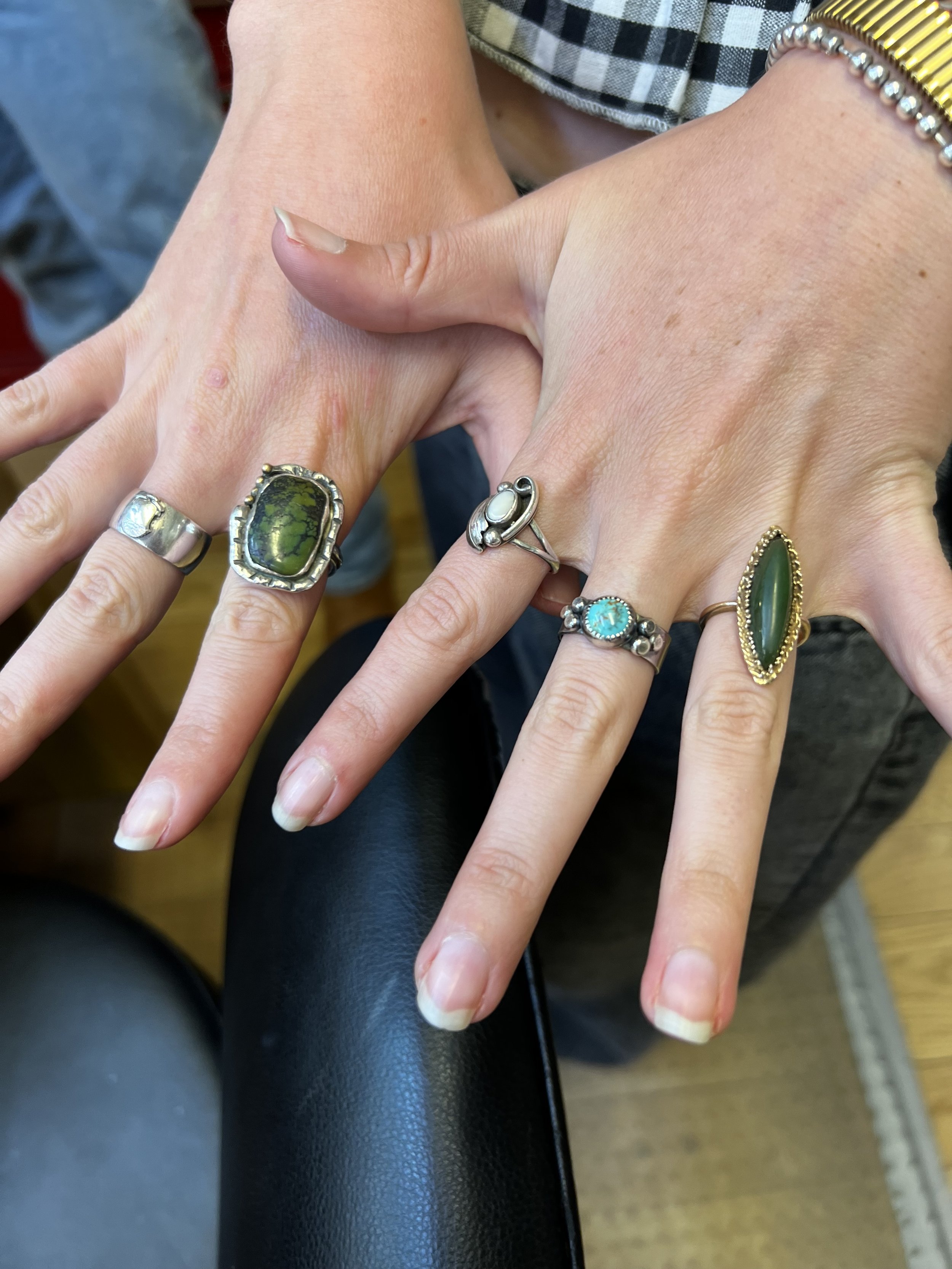 Sterling silver keepsake rings with gemstones made in a silversmithing class in Albuquerque