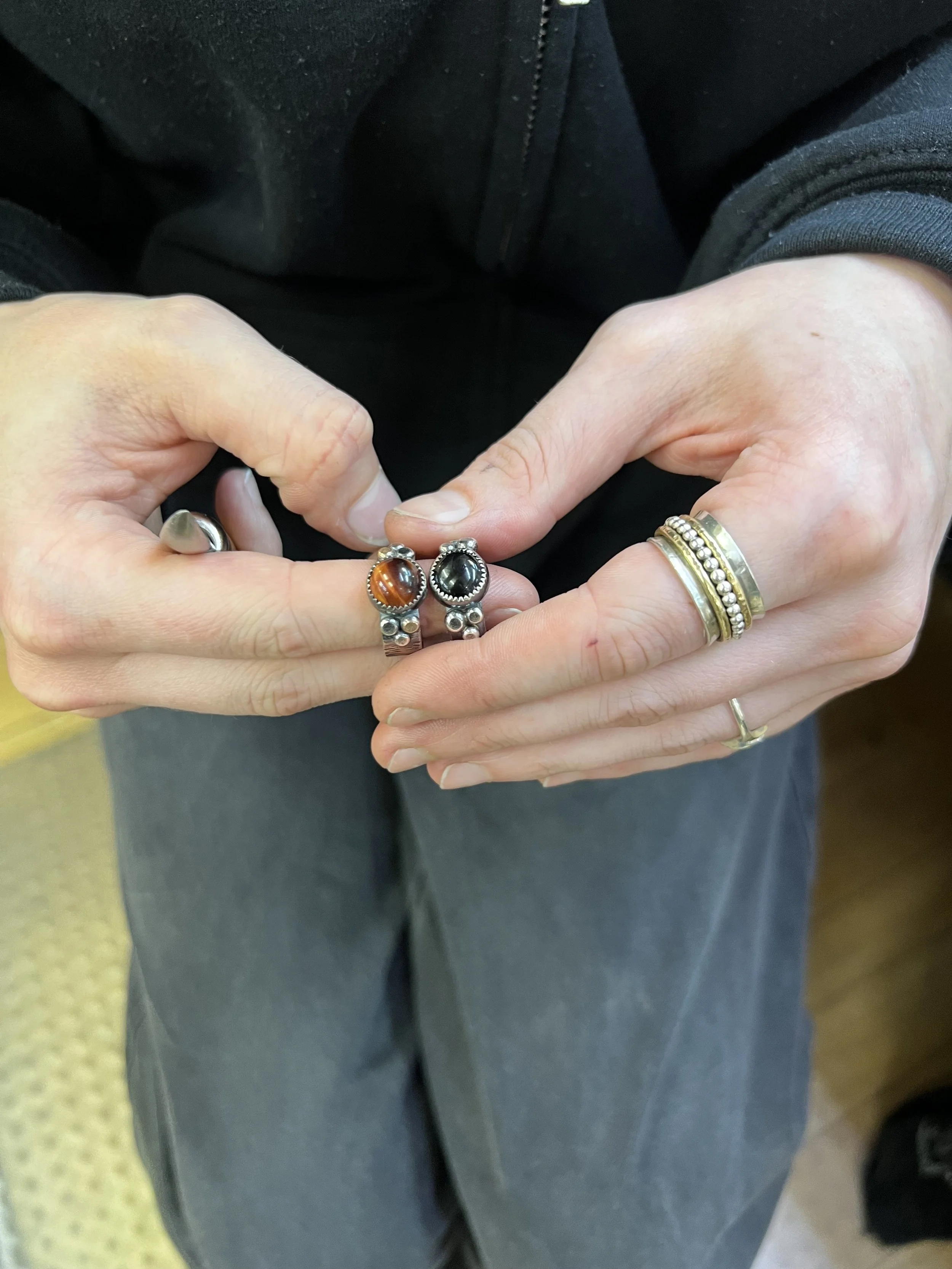 Close-up of a finished turquoise keepsake ring made during a jewelry making class in Albuquerque