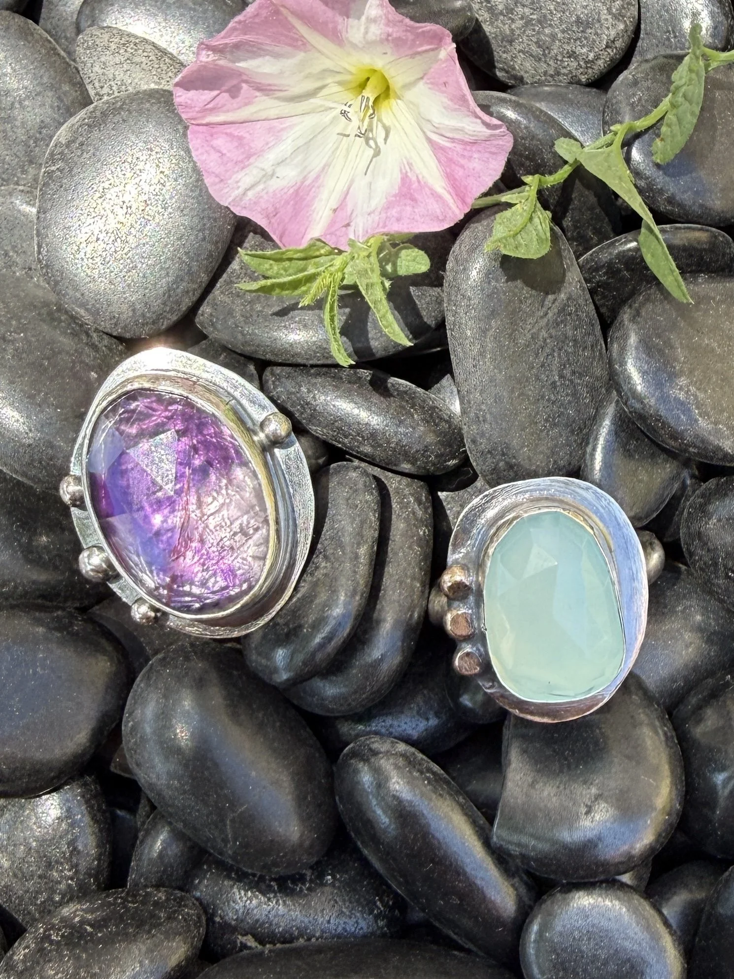 Finished rose cut stone ring created during a silversmithing class in Albuquerque