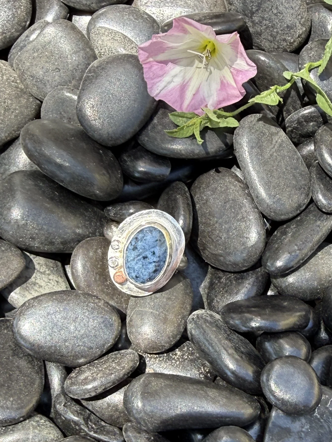 Completed silver and bronze ring with rose cut stone from a metalsmithing class in Albuquerque