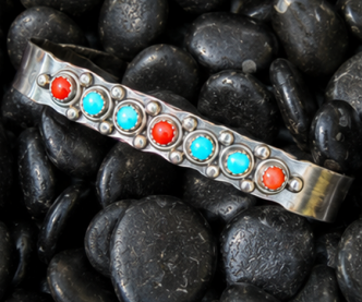 Turquoise and coral sterling silver cuff bracelet from a jewelry making class in Albuquerque
