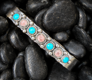 Student made turquoise and pink stone cuff bracelet from a jewelry making class in Albuquerque