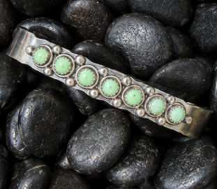Green turquoise cuff bracelet with oxidized silver from a jewelry making class in Albuquerque