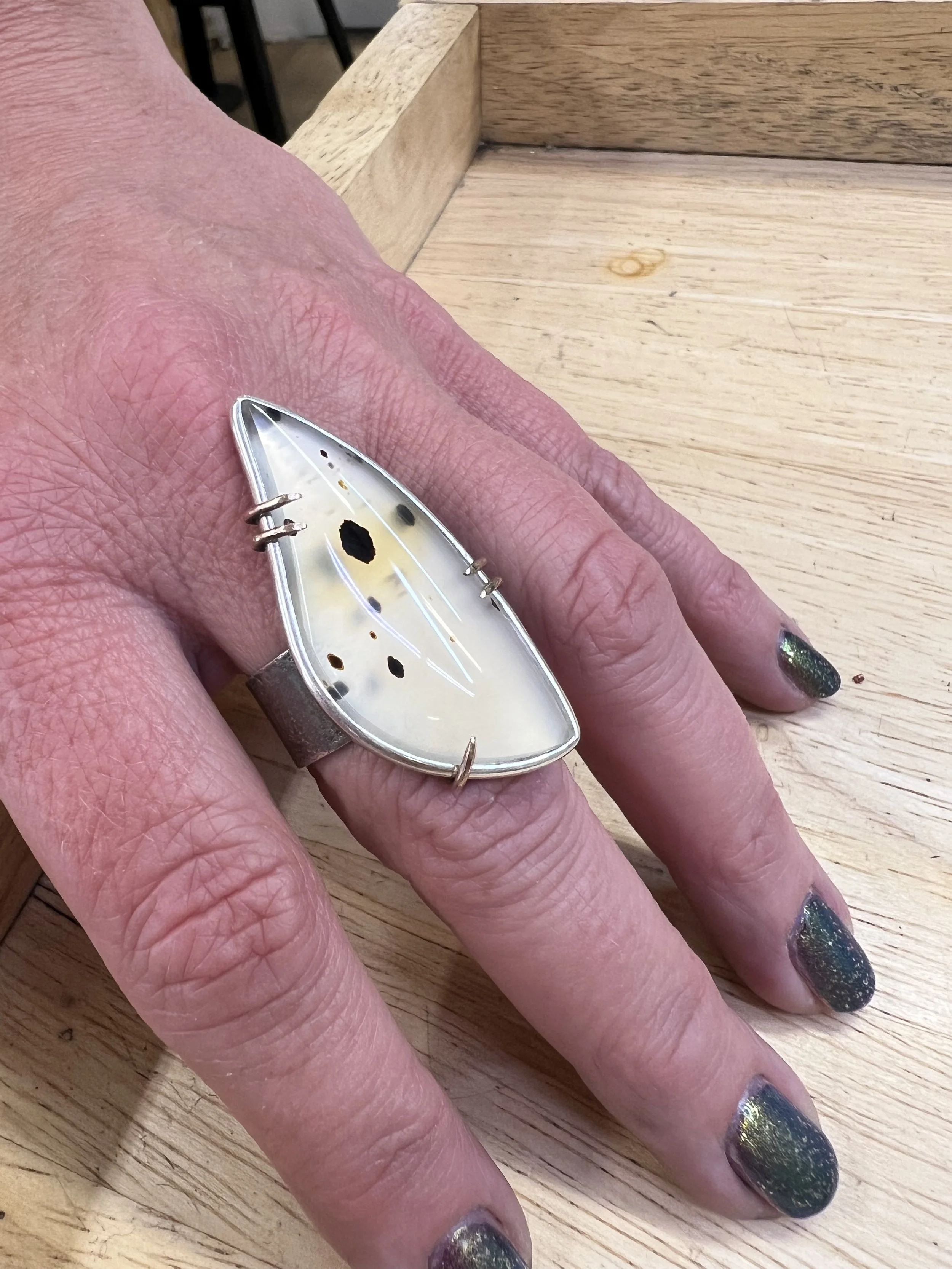 Finished prong setting ring made in a silversmithing class in Albuquerque