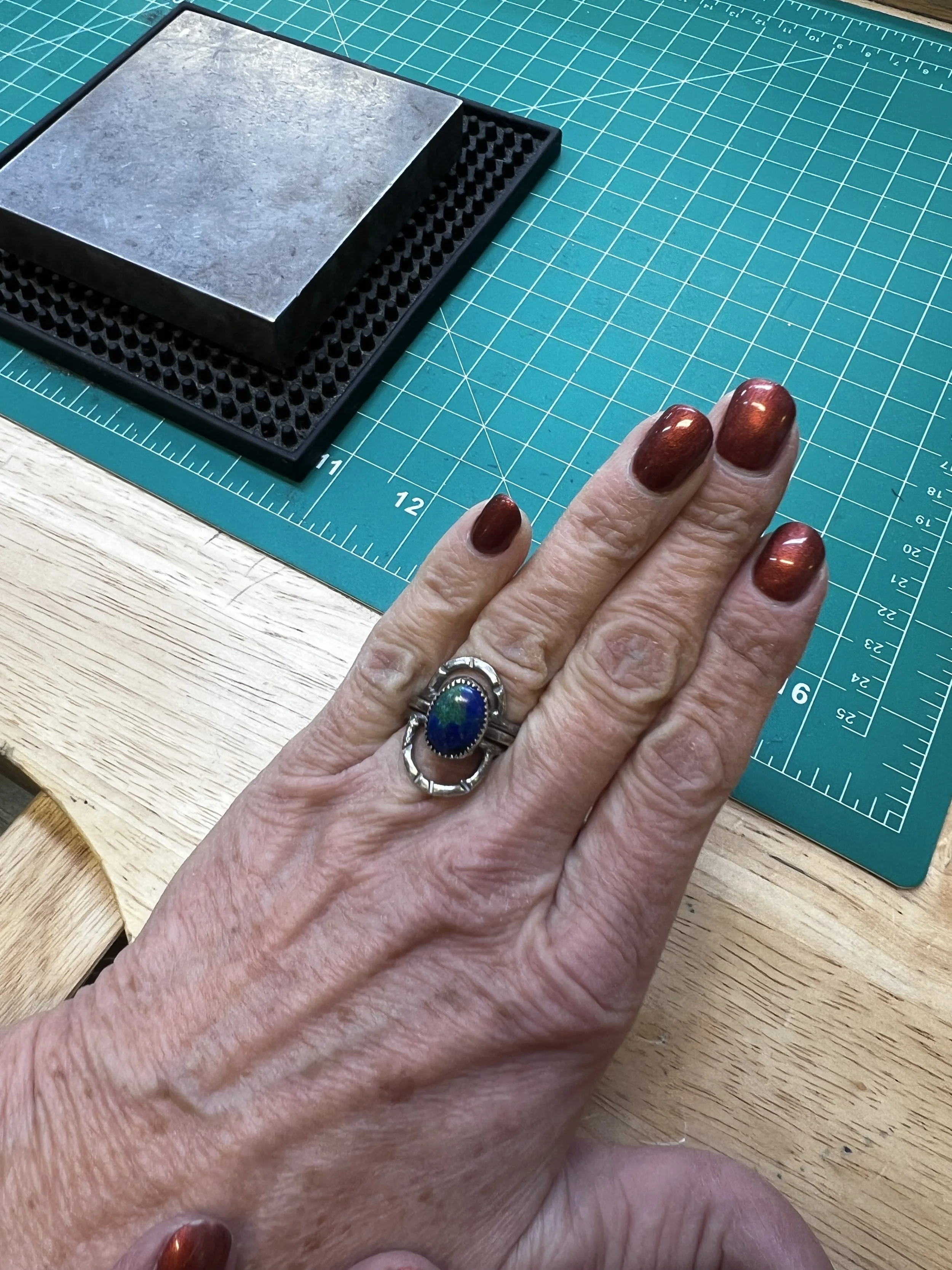 Finished turquoise ring worn by student after a turquoise ring class in Albuquerque