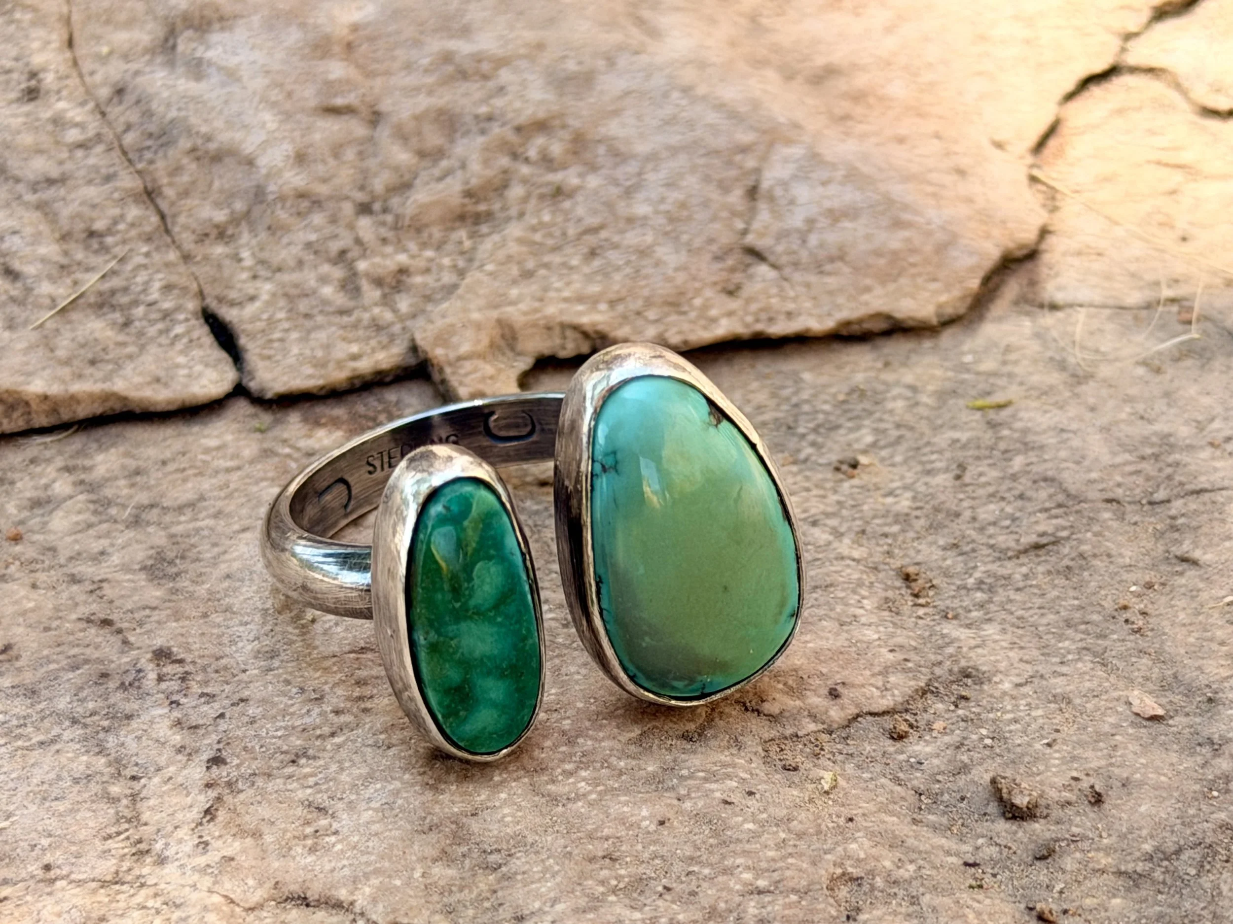 Close-up of a sterling silver turquoise ring created in a turquoise ring class in Albuquerque