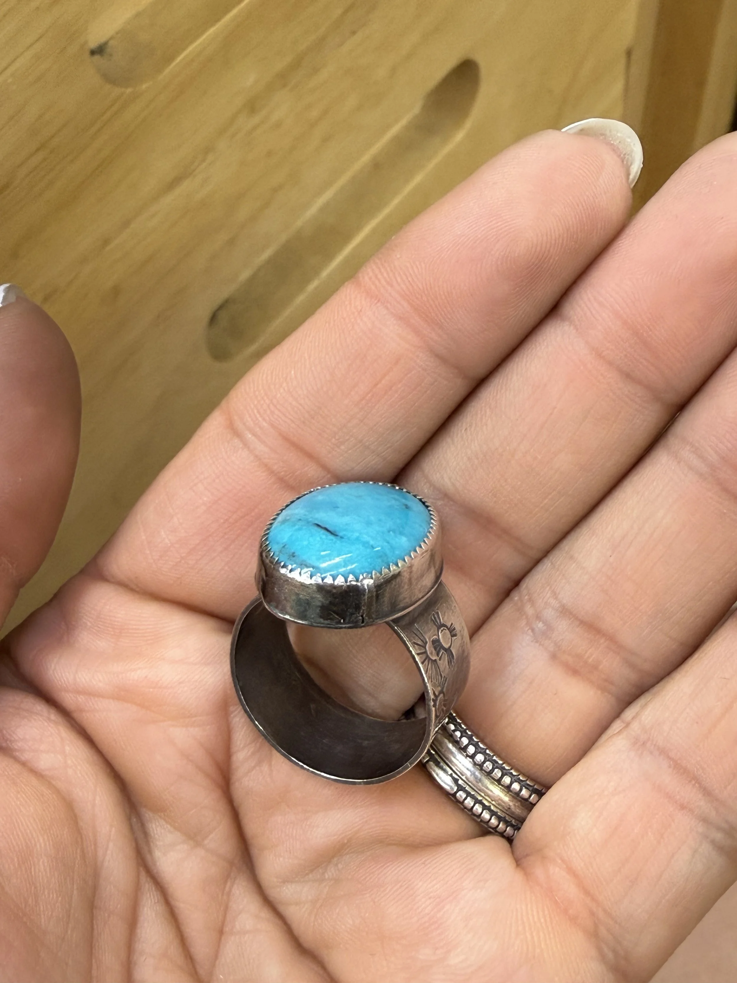 Finished turquoise statement ring from a turquoise ring class in Albuquerque