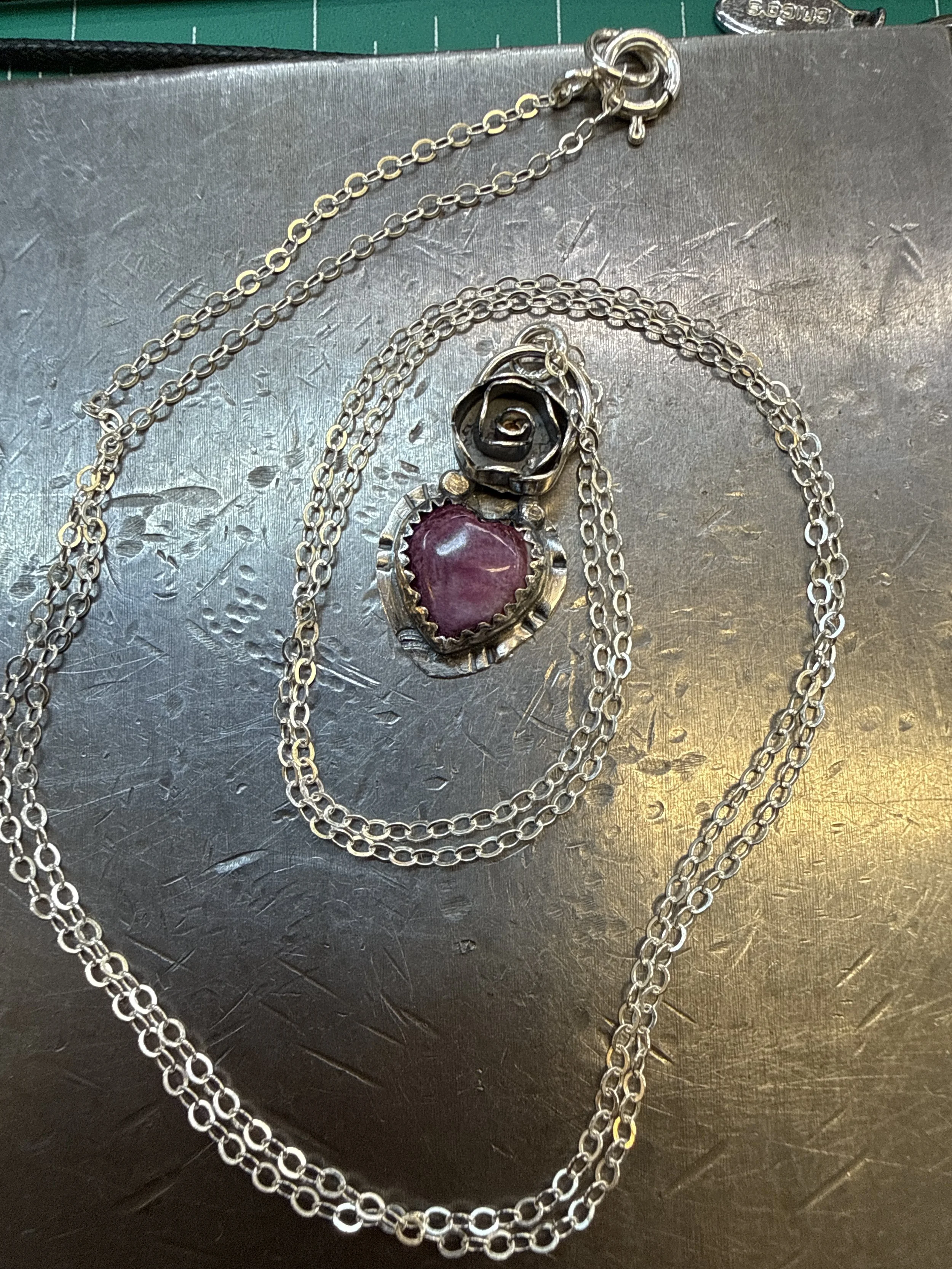 Blooming heart pendant with pink spiny oyster stone on sterling silver chain, jewelry making class Albuquerque