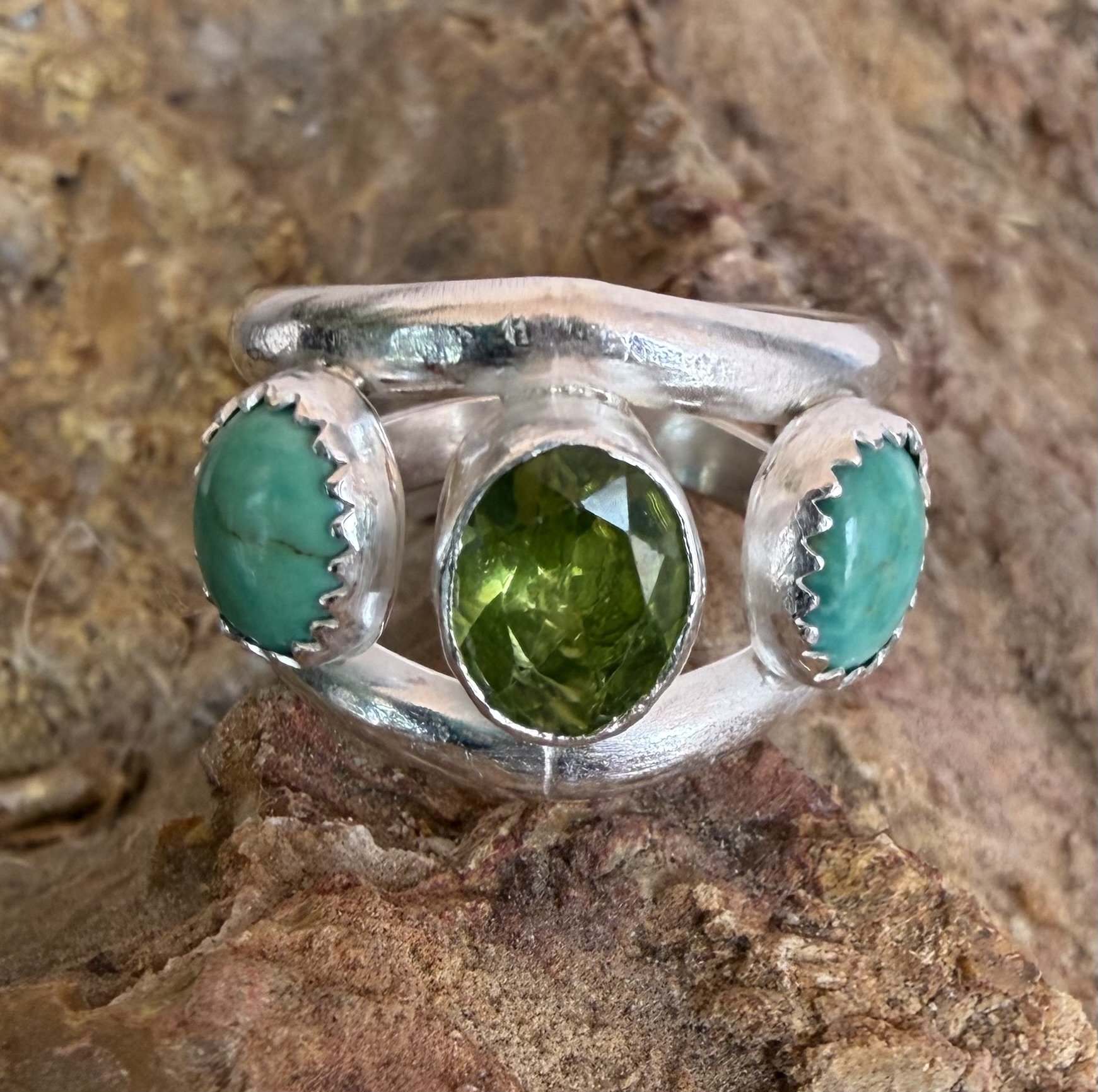 Finished turquoise multi-stone ring from a jewelry making class in Albuquerque
